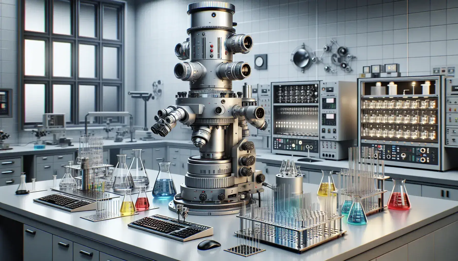 Laboratorio scientifico moderno con microscopio elettronico a trasmissione, tavolo ottico con lenti, flaconi colorati e pianta verde.