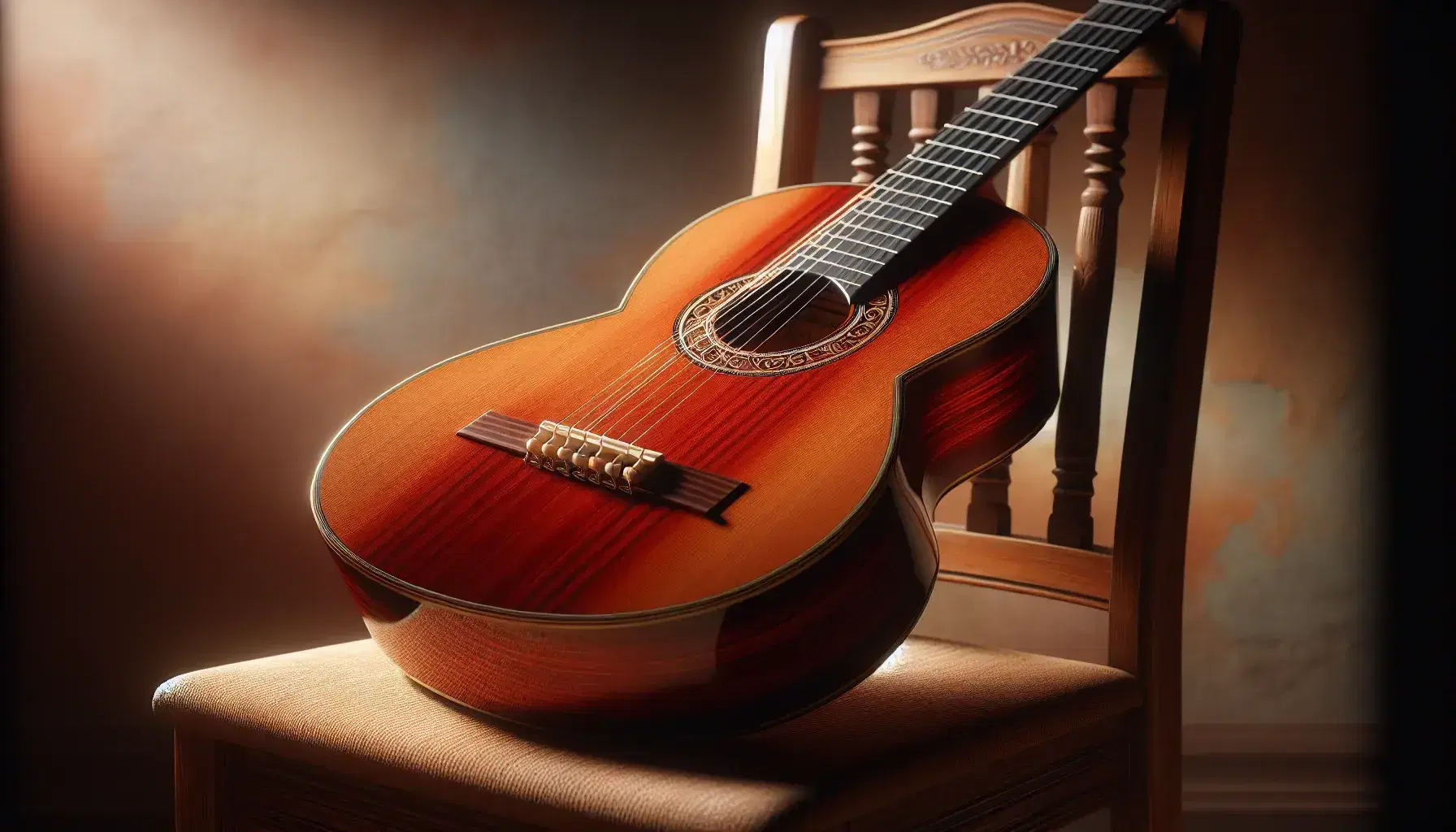 Close-up view of a glossy Spanish guitar with intricate wood inlay on the rosette, resting on a wooden chair in a softly lit room.