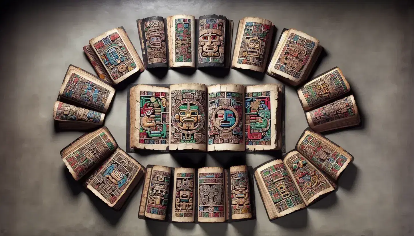 Codices mayas abiertos en semicírculo con páginas de amate y jeroglíficos, rodeando una figura de piedra maya sentada en el centro.