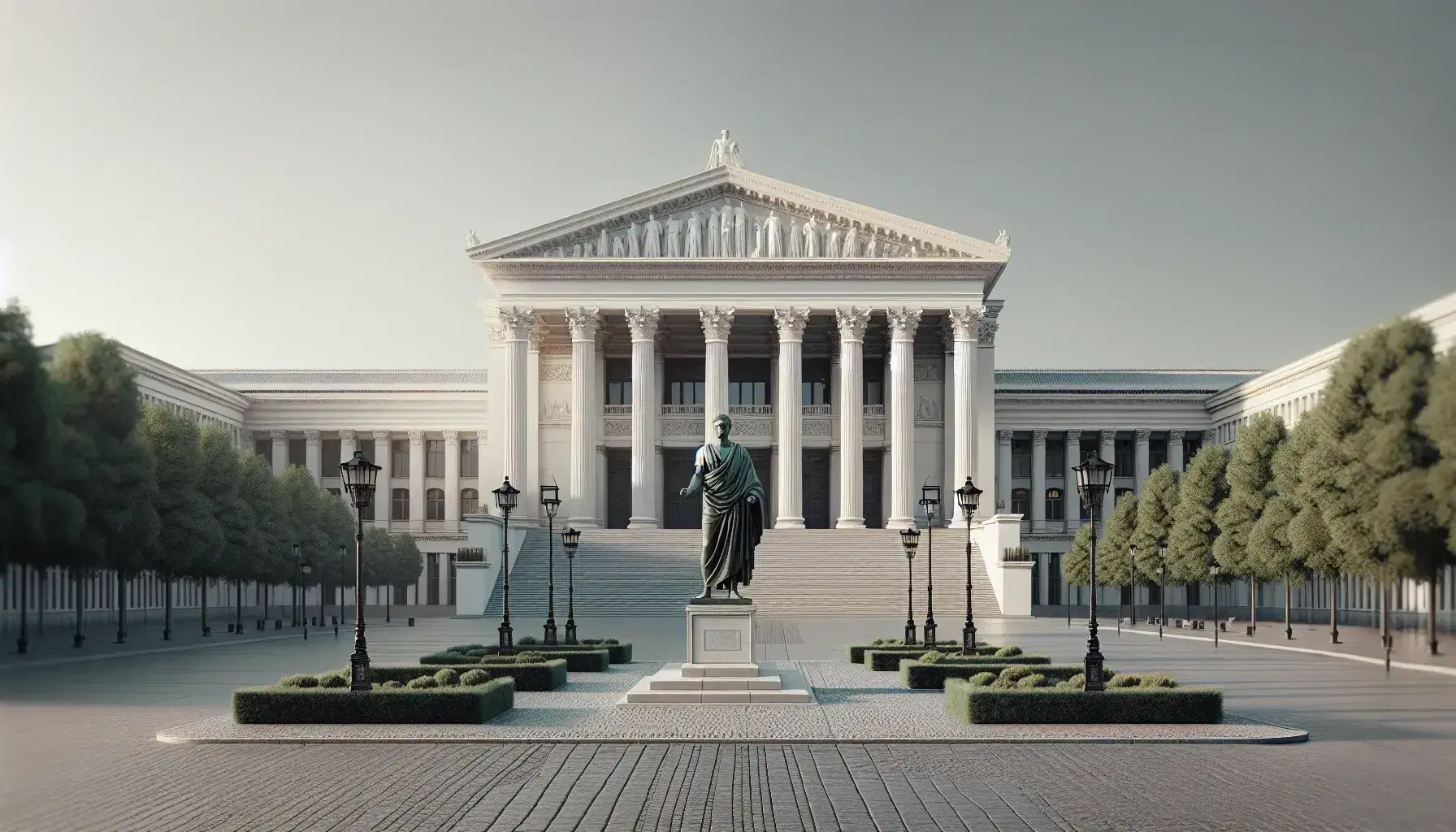 Edificio neoclásico con columnas y frontón triangular, escalinatas al frente, estatua de bronce de hombre en toga y plaza adoquinada bajo cielo azul.