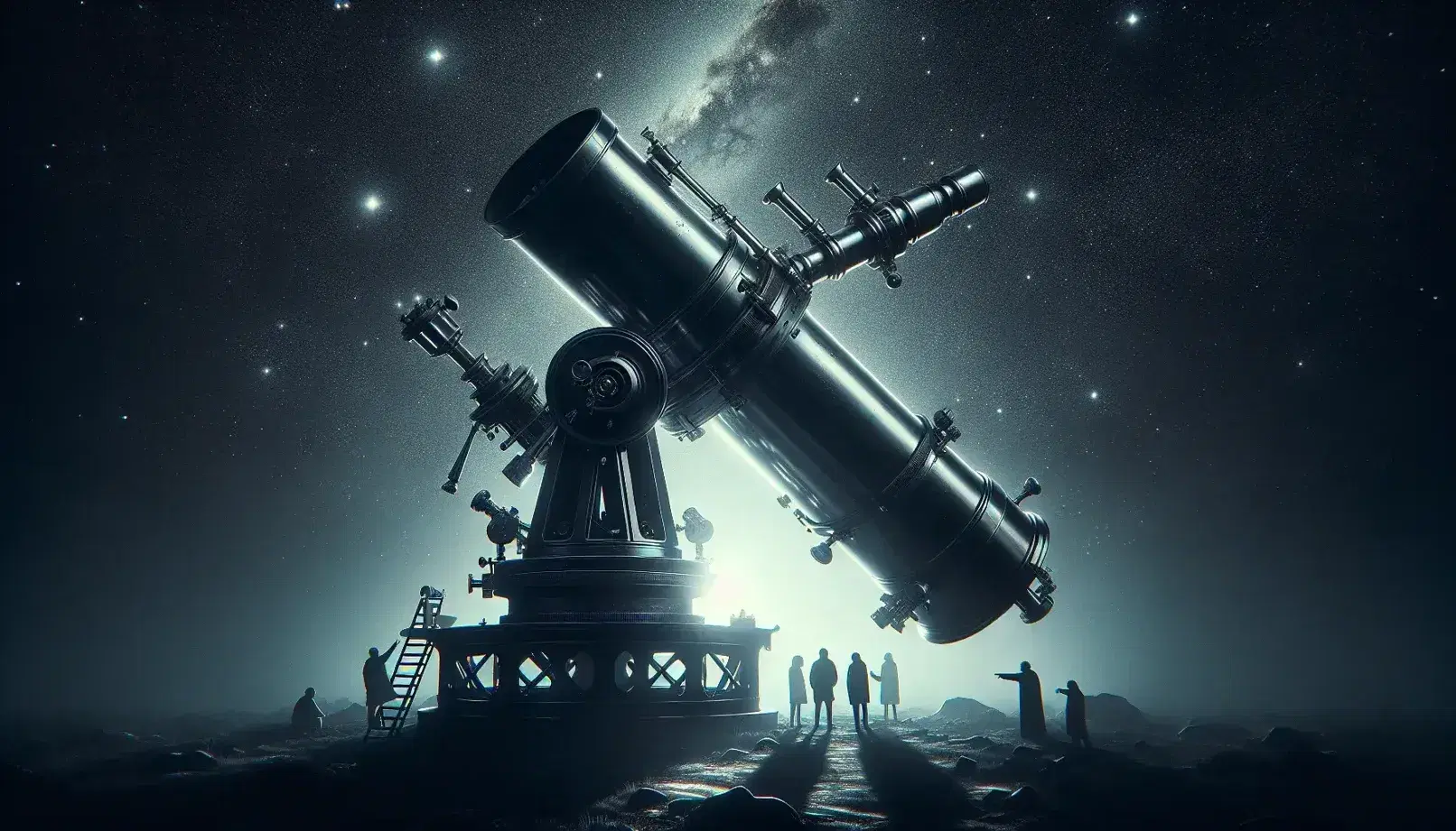 Professional astronomical telescope on equatorial mount with observers under a star-filled sky, highlighting human exploration of the cosmos.