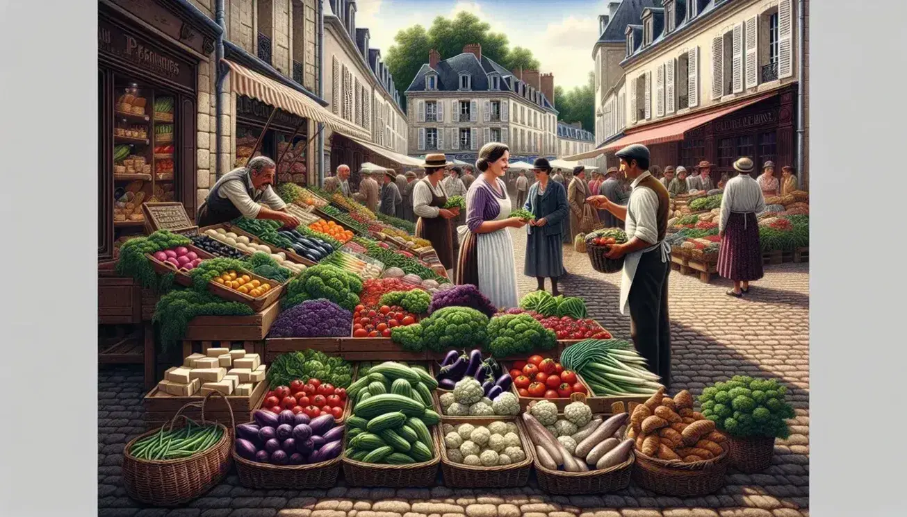 Bustling French outdoor market with fresh produce on display, vendor engaging with customer, and shoppers browsing stalls on a cobblestone street.
