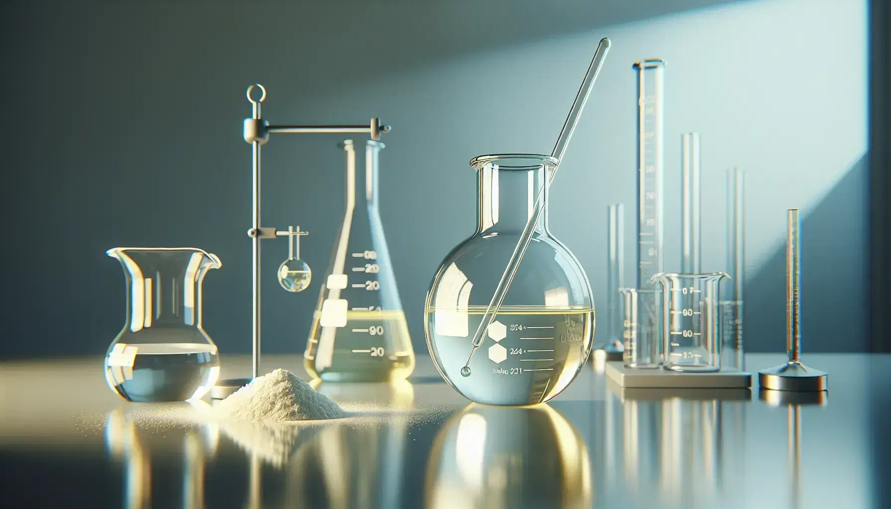 Round glass bottle with pale yellow liquid and stirring rod, white crystalline powder on weighing paper and laboratory glassware in the background.
