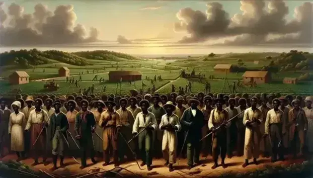 Grupo de personas de piel oscura en vestimenta del siglo XIX marchando con herramientas agrícolas y manos alzadas, frente a un paisaje de campos verdes al atardecer.