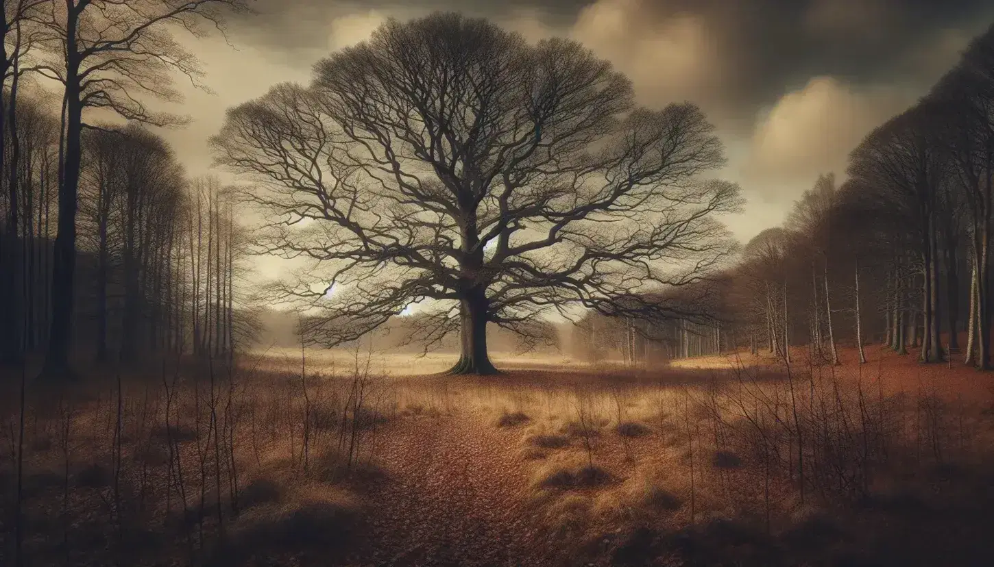 Paesaggio autunnale con albero spoglio al centro, rami intrecciati contro cielo nuvoloso e tappeto di foglie cadute in toni marroni e arancioni.