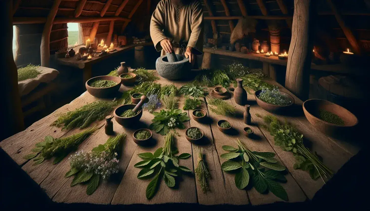 Rustic Viking hut with a wooden table displaying fresh medicinal herbs and clay pots, as a person grinds herbs with a mortar and pestle.