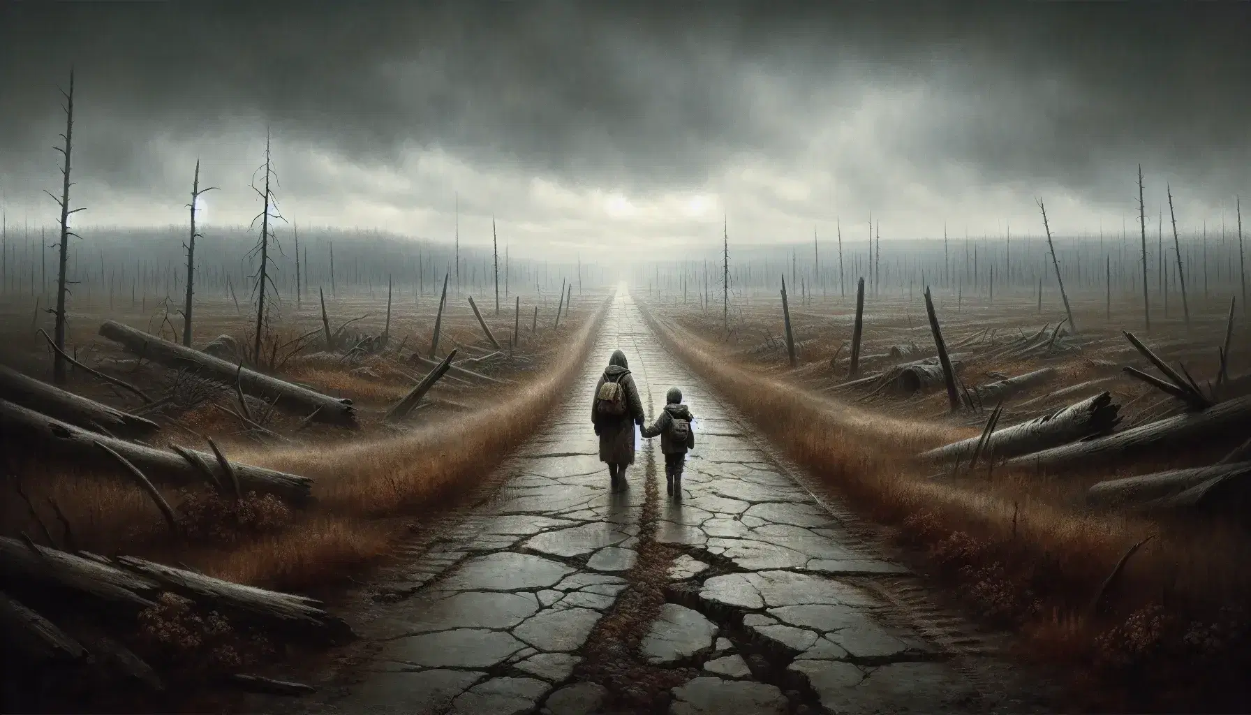 Desolate landscape with overcast sky, cracked road leading to horizon, withered trees, and two figures, adult and child, walking hand in hand.