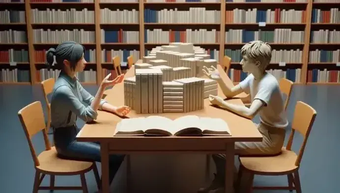 Dos personas conversan en una biblioteca con libros de colores sobre una mesa de madera y estantes llenos al fondo, ambiente de estudio tranquilo.