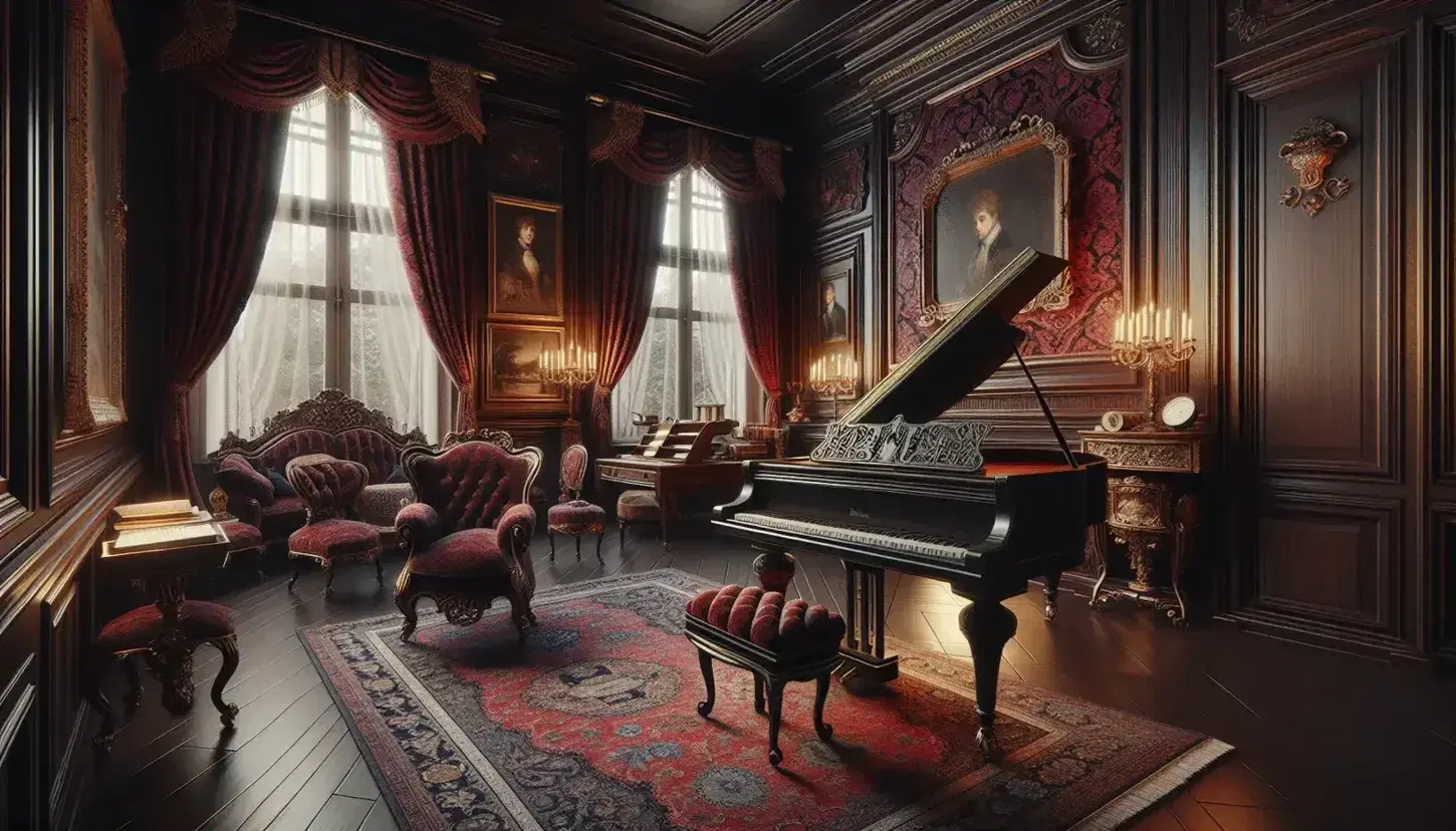 Salotto borghese romantico con pianoforte a coda, tappezzeria rossa, candelabro in bronzo e gruppo di persone in abiti d'epoca.
