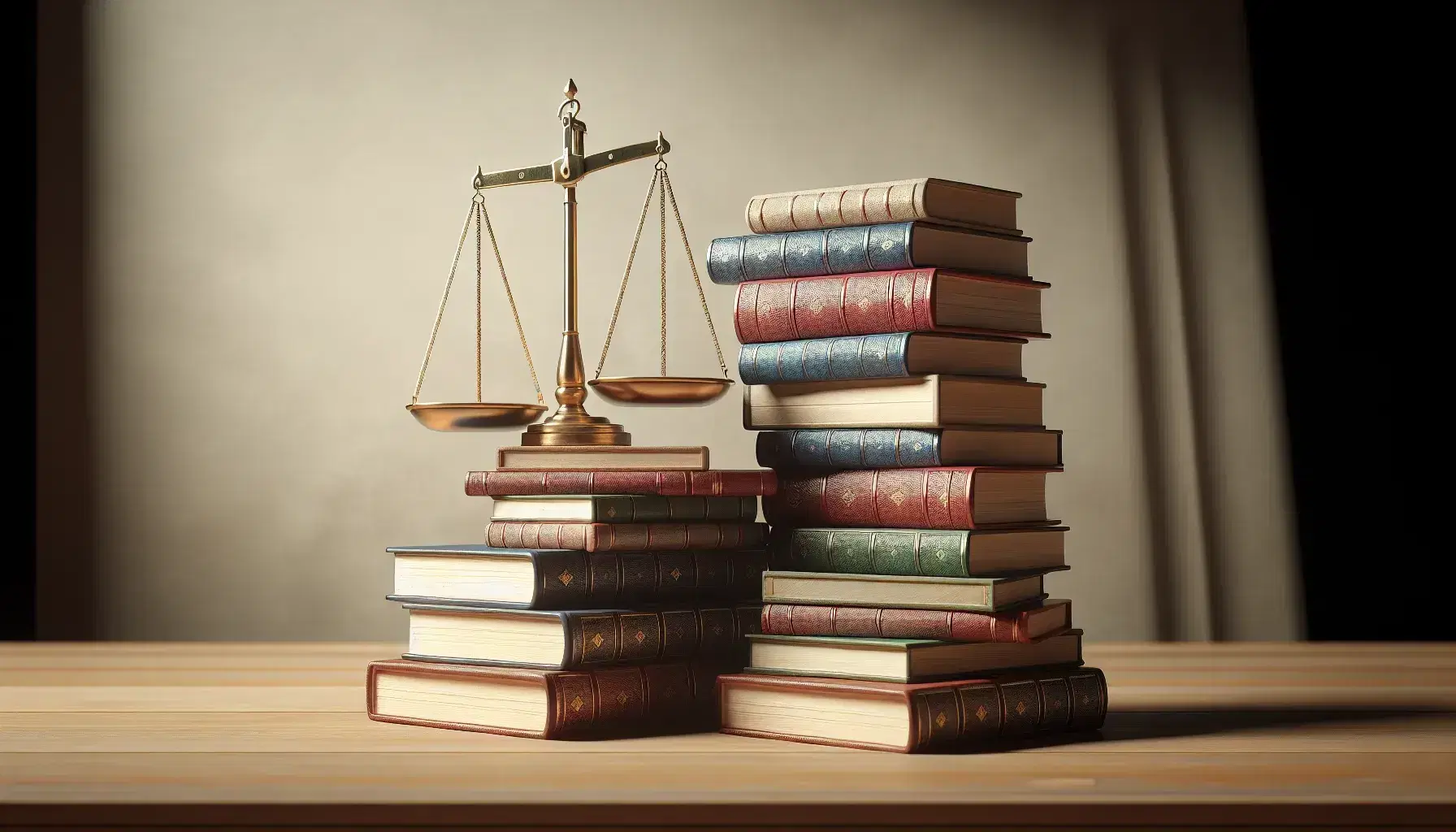 Balanza dorada en equilibrio sobre una pila de libros de colores variados en una mesa de madera, con una pared clara al fondo.