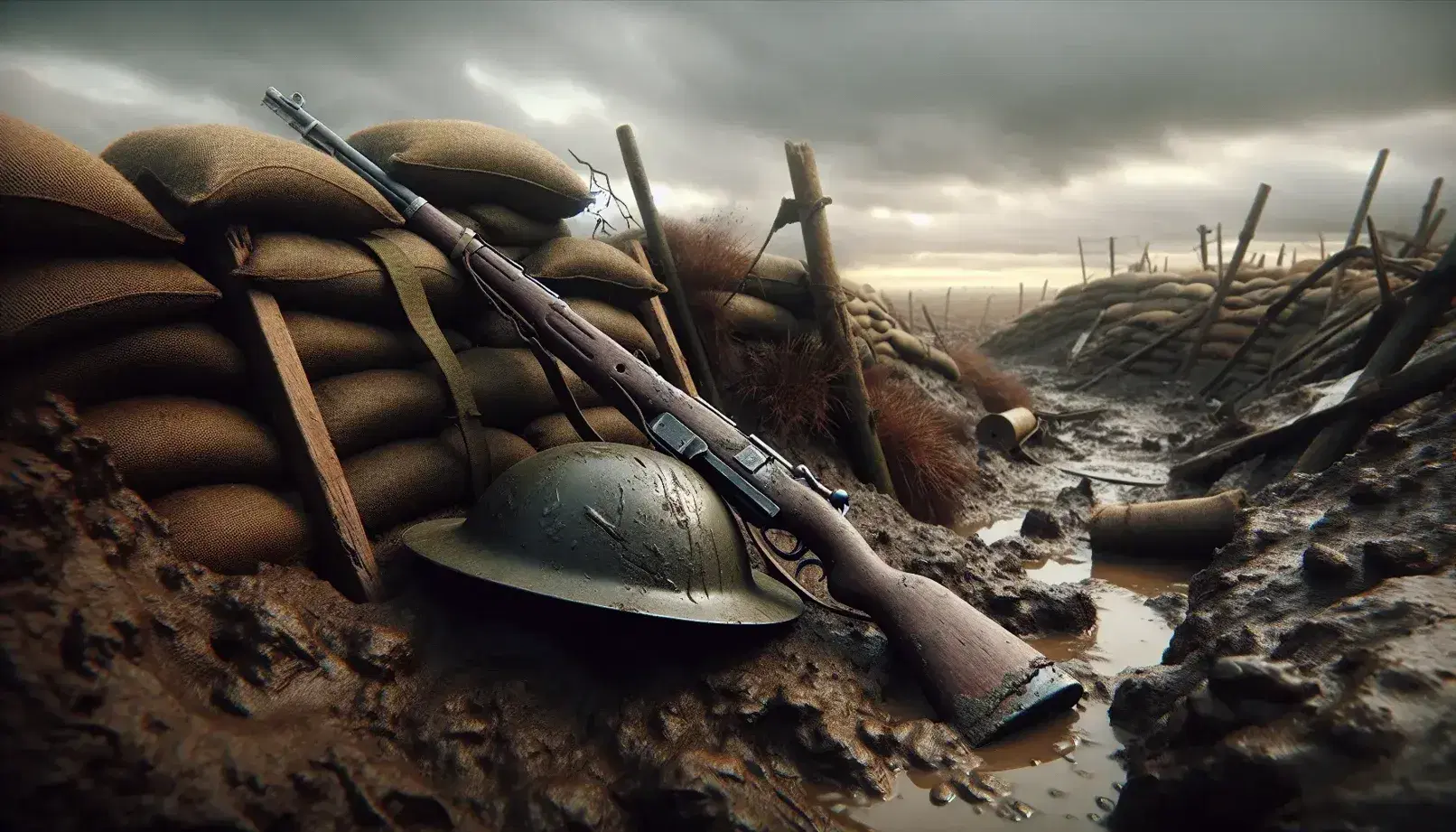 Casco militar de la Primera Guerra Mundial y rifle de cerrojo en un campo de batalla embarrado, con trincheras y cielo nublado al fondo.