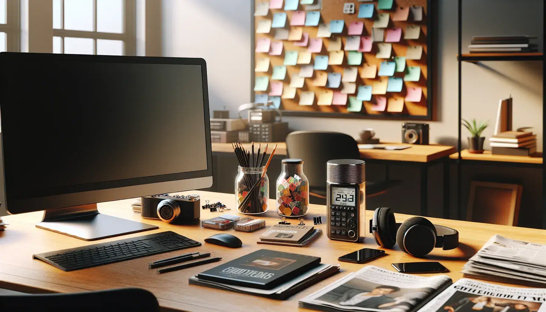 Tidy office with wooden desk, computer turned off, headphones, jar of colored notes, voice recorder, camera and noticeboard with notes.