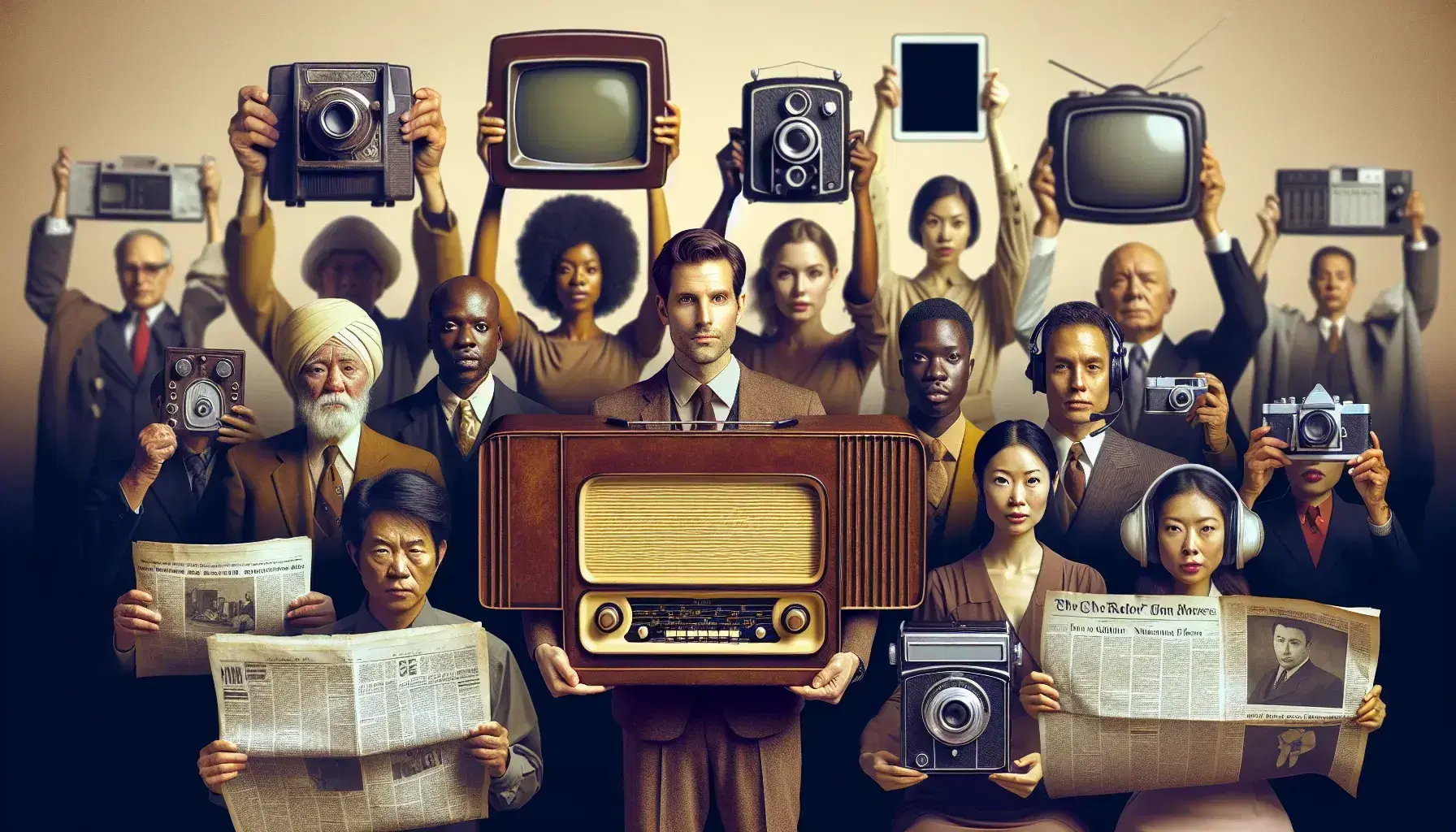 Caucasian man with vintage radio, Asian woman with vintage TV, African woman with newspaper, Middle Eastern man with movie camera, people with modern devices.