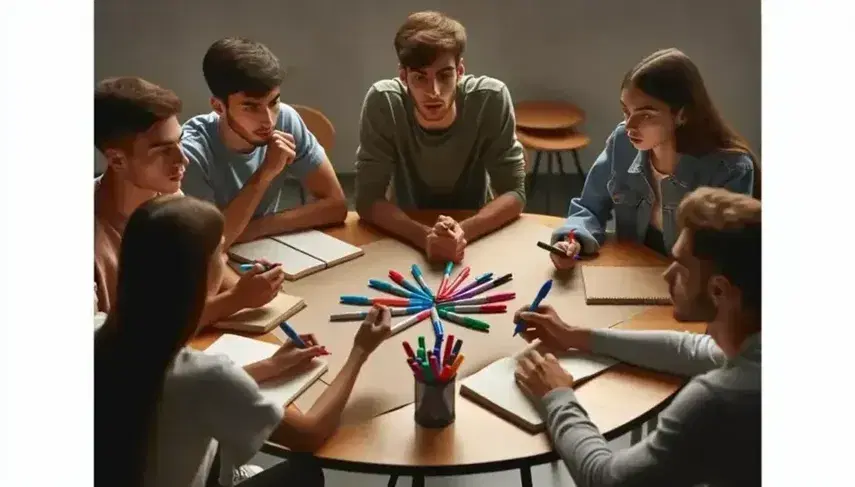 Estudiantes colaborando en una sesión de brainstorming con marcadores de colores sobre papel en blanco en una mesa redonda.