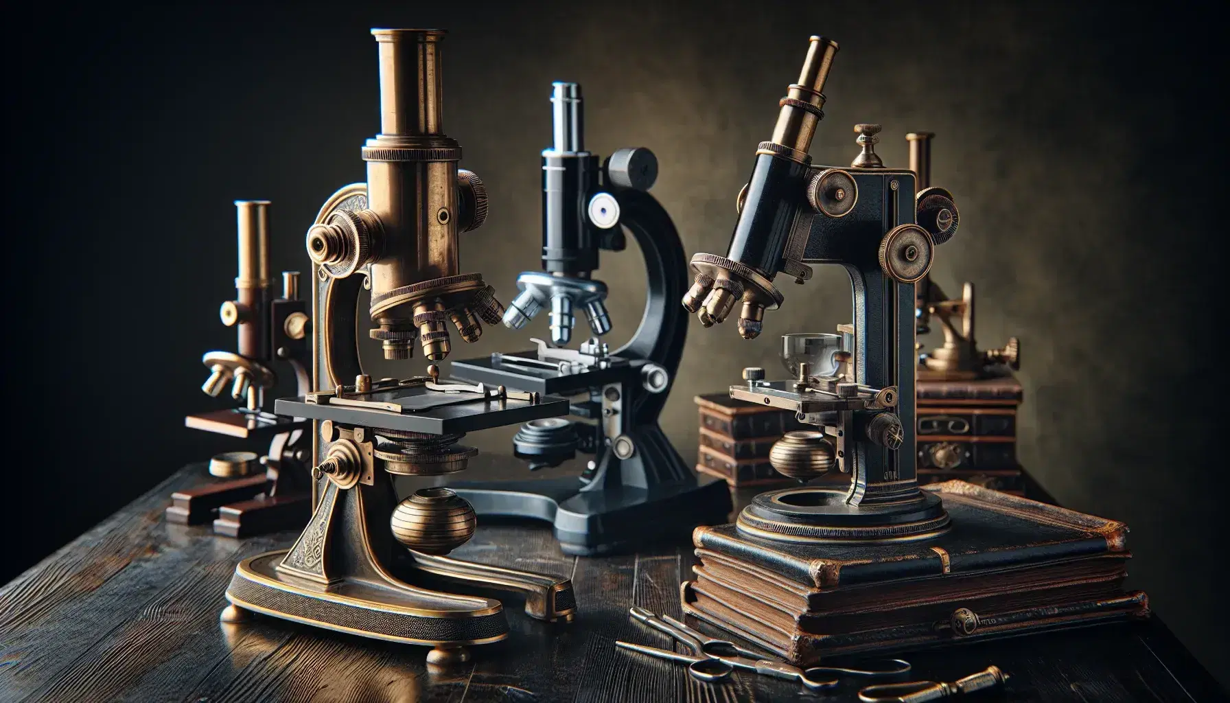 Colección de microscopios antiguos y modernos sobre mesa de madera oscura, destacando un microscopio de latón del siglo XVII y un microscopio compuesto negro con detalles cromados.