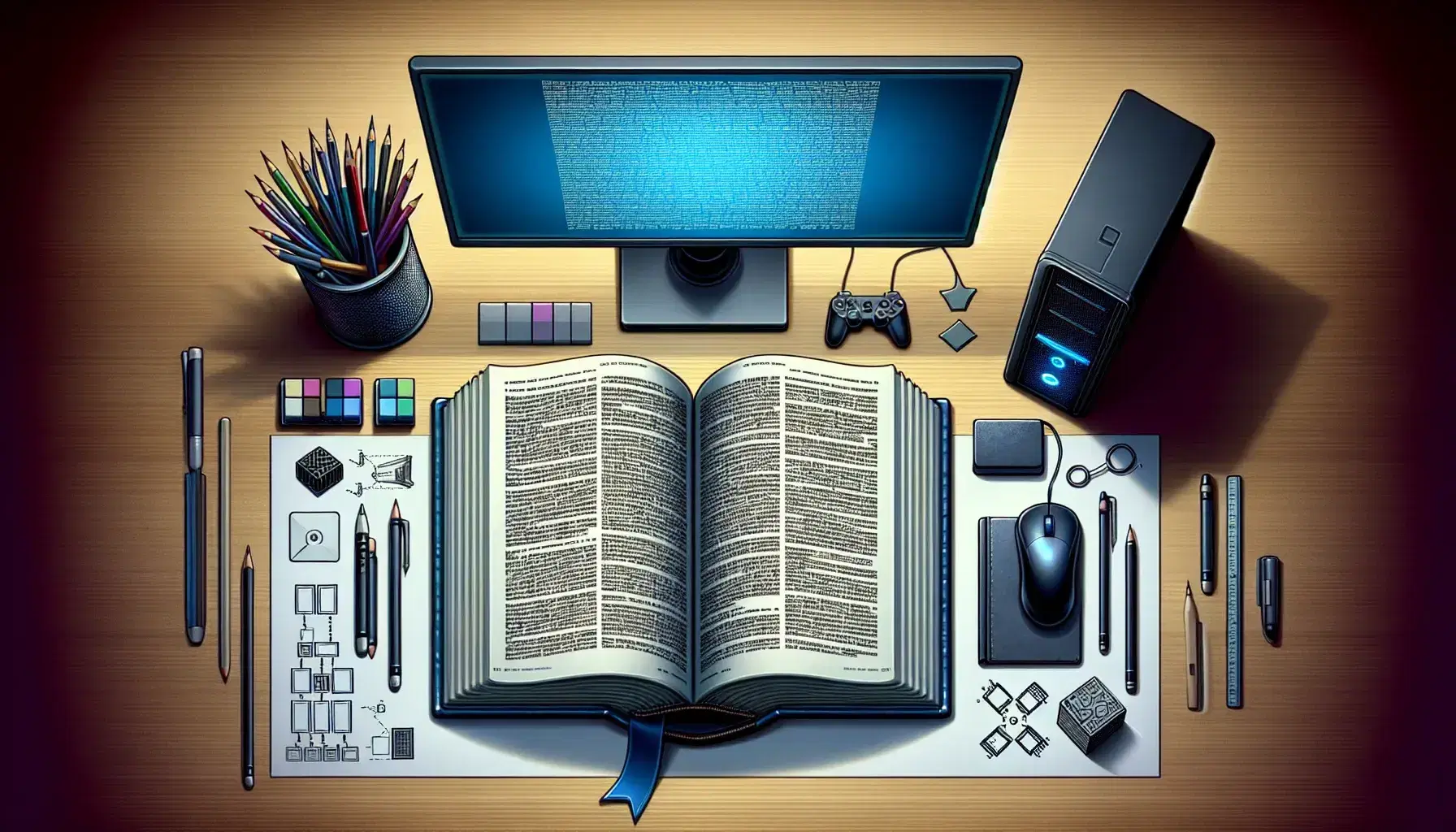 Tidy desk with open book, black computer, sheet with flowgrams without text, cup with colored pens and black glasses.