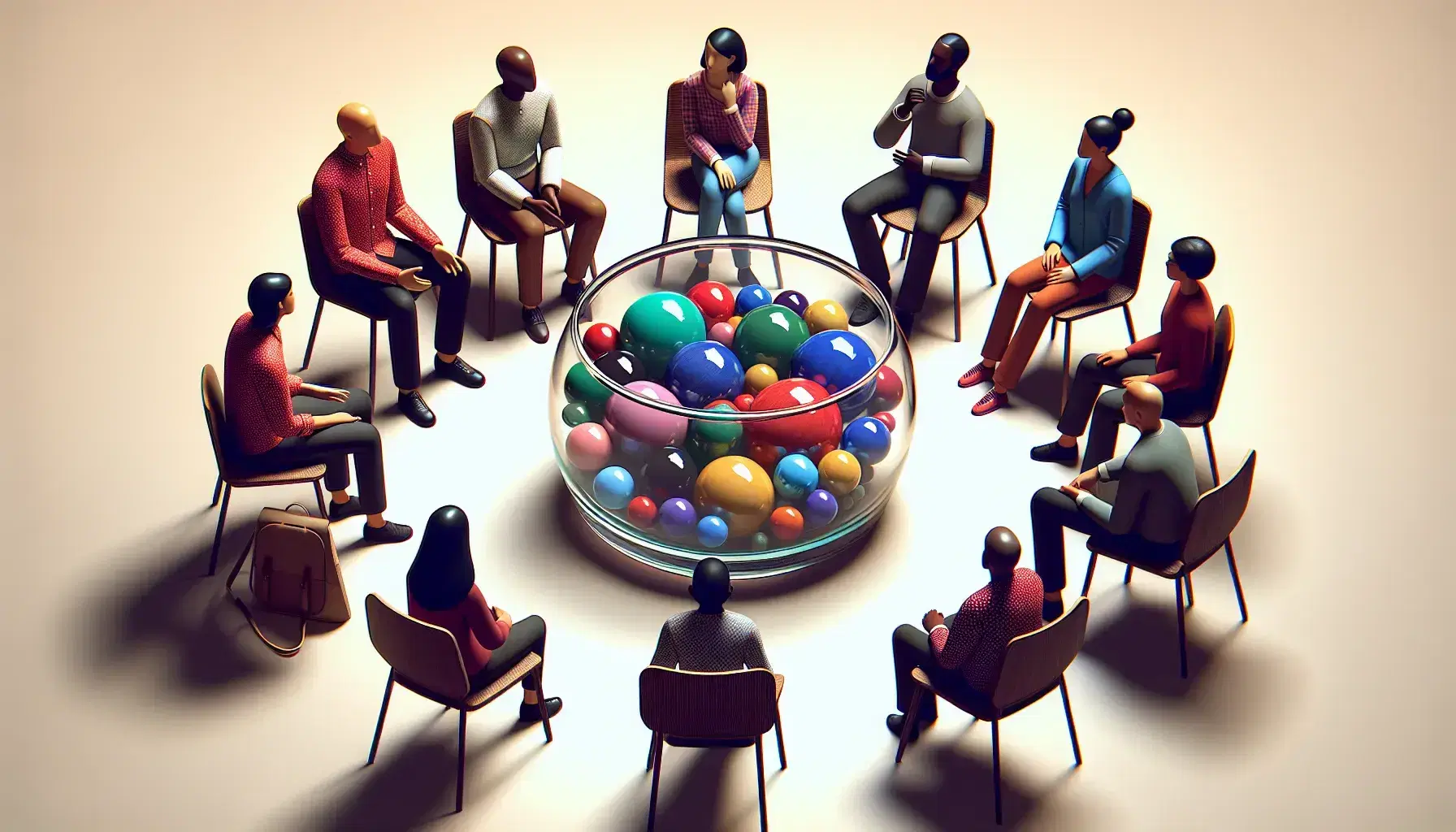 Multicultural group sitting in a semicircle actively discussing around a bowl of colored marbles, in an environment with soft lighting and neutral furnishings.