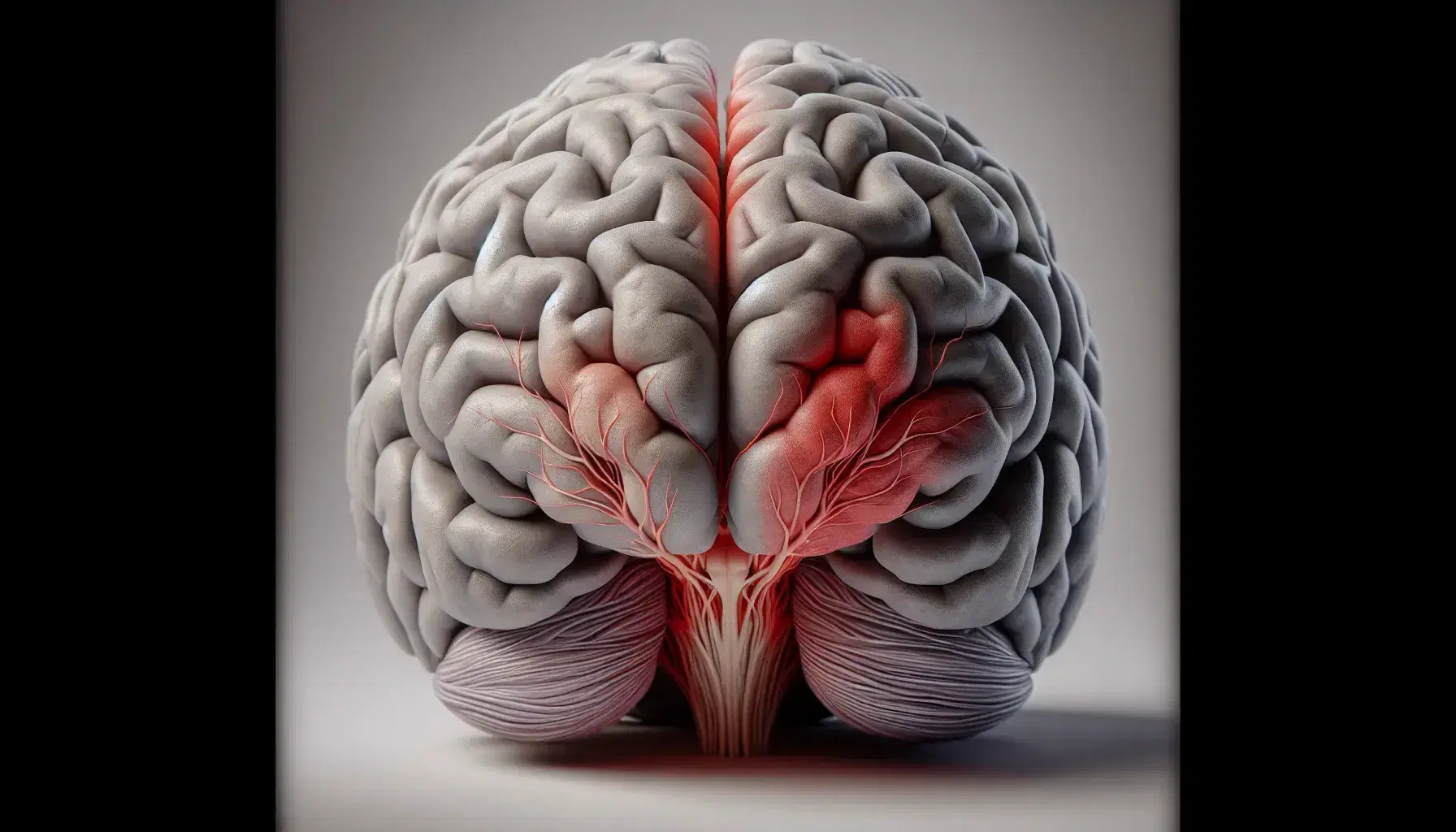 Representación anatómica tridimensional del cerebro humano en perspectiva lateral izquierda con el área de Broca resaltada en rojo sobre fondo neutro.