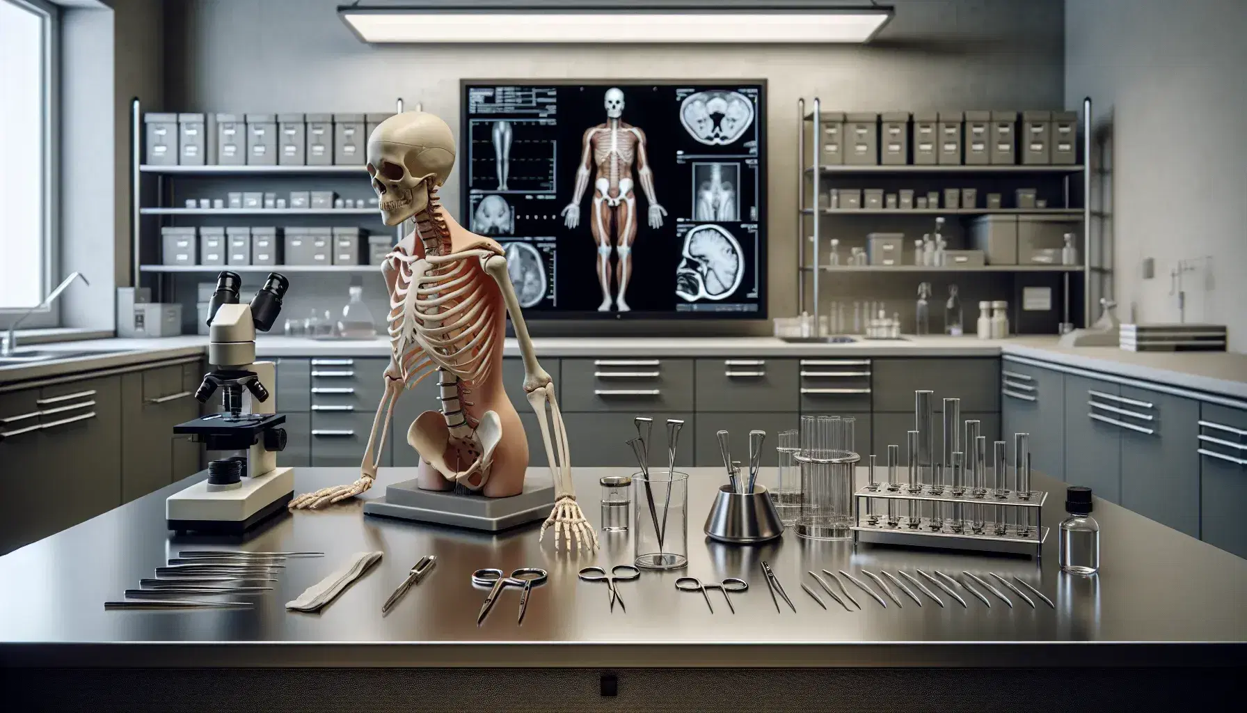 Laboratorio forense moderno con manichino anatomico su tavolo in acciaio, strumenti medico-legali sullo sfondo e tecnico al microscopio.