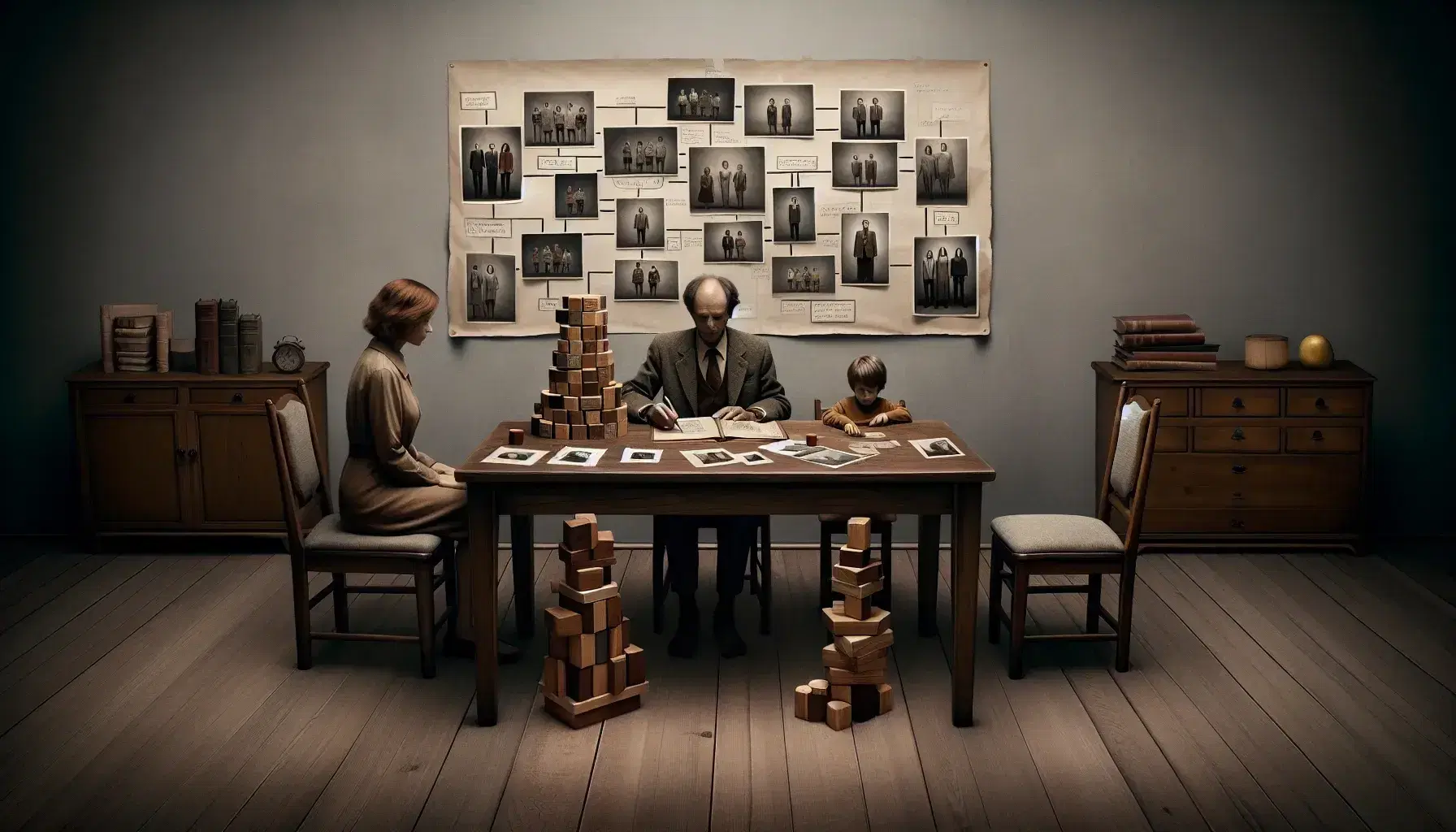 Familia concentrada en álbum de fotos y bloques de madera en mesa, simbolizando crecimiento y recuerdos compartidos en ambiente acogedor.