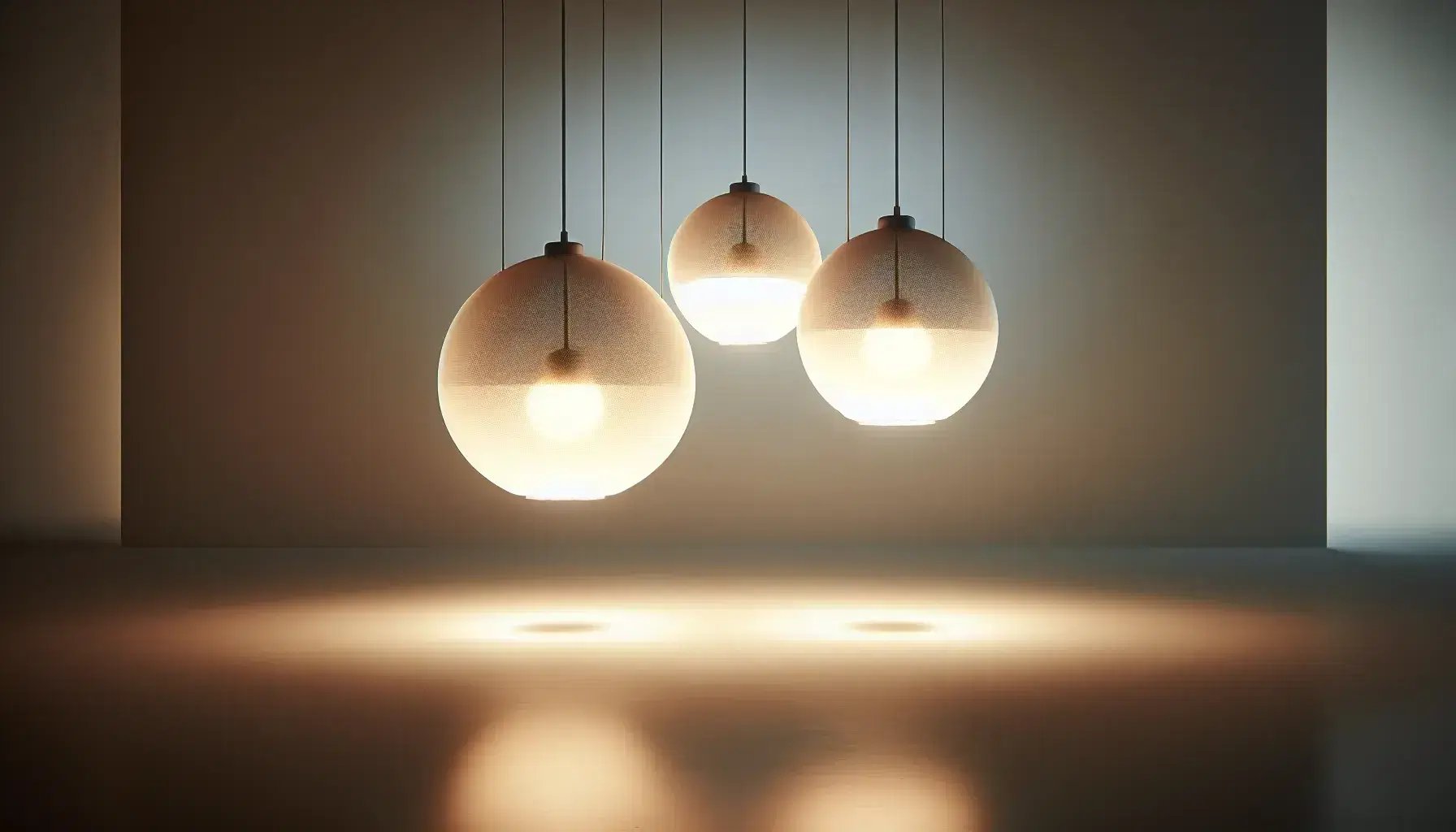 Lámparas colgantes esféricas translúcidas suspendidas a diferentes alturas con luz cálida sobre fondo neutro y superficie reflectante.