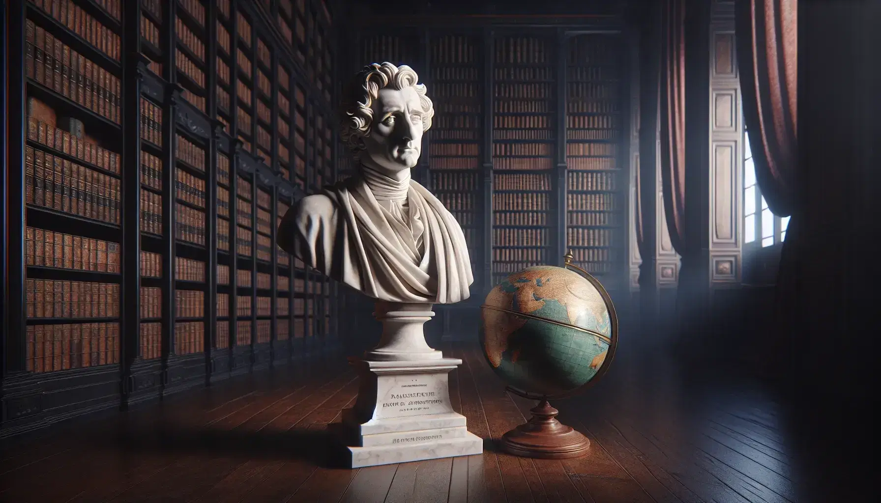 Statua marmorea di filosofo settecentesco in biblioteca antica, con libri rilegati e globo terrestre, luce soffusa da finestra con tende rosse.