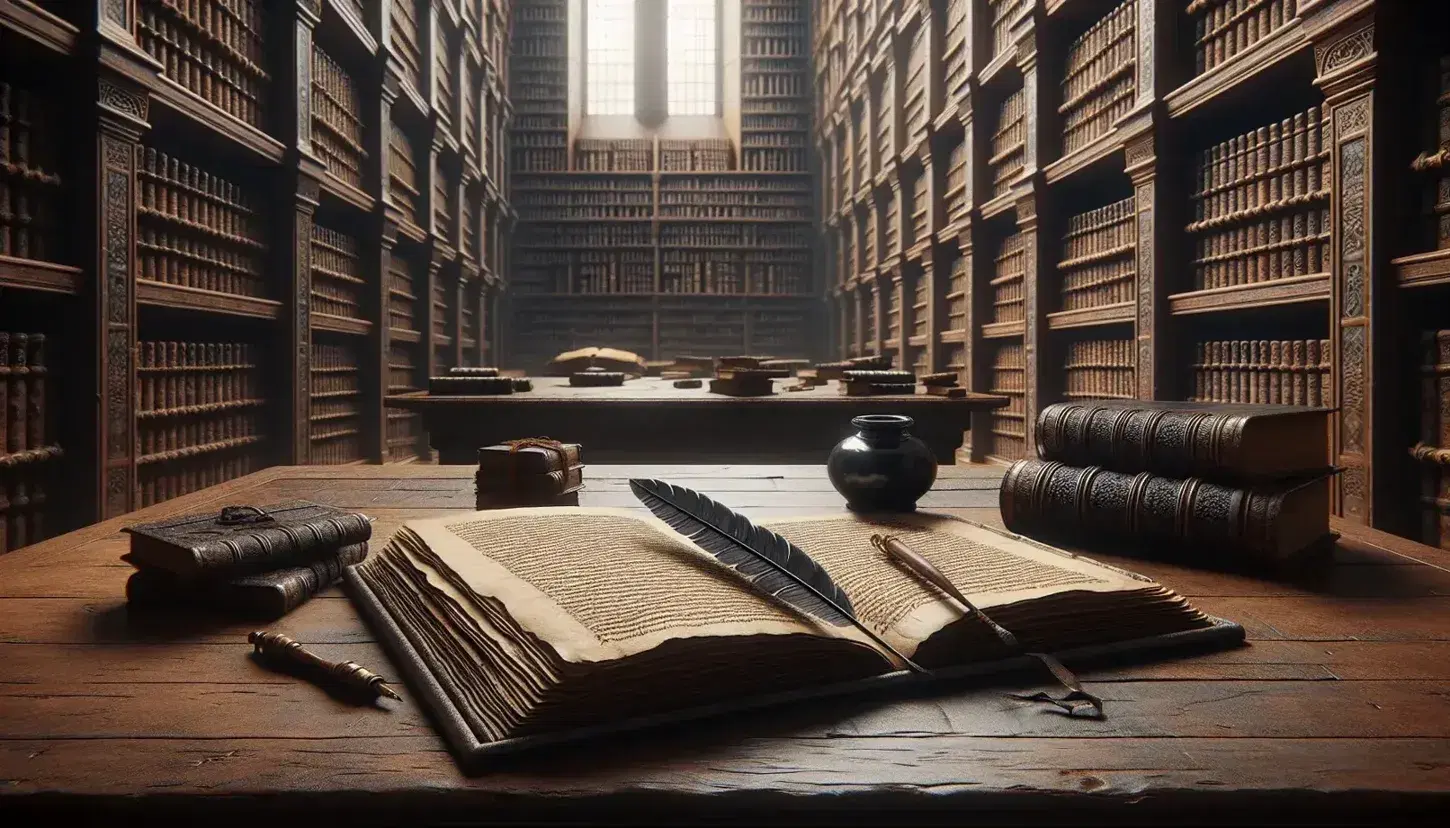 Ancient library setting with a large wooden table holding an open manuscript, quill, inkpot, and shelves of leather-bound books in soft lighting.