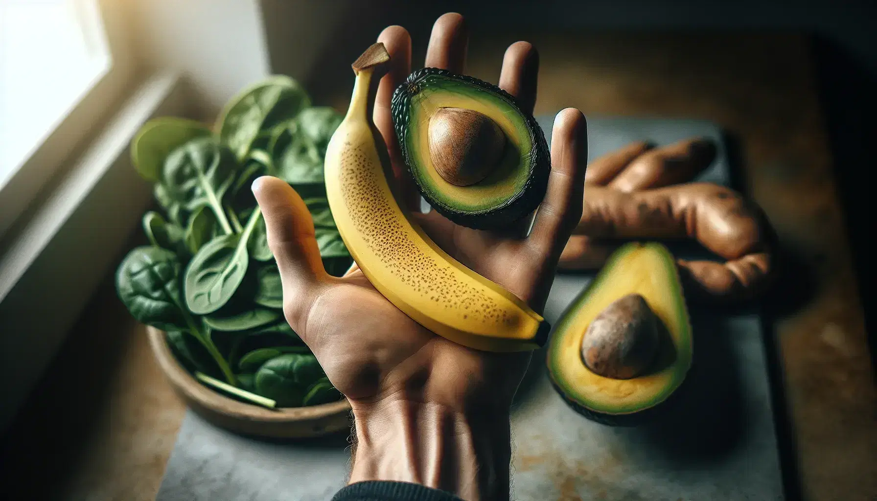 Mano aperta con cibo ricco di potassio: banana matura, avocado tagliato, patata dolce e foglie di spinaci su sfondo sfocato da cucina.