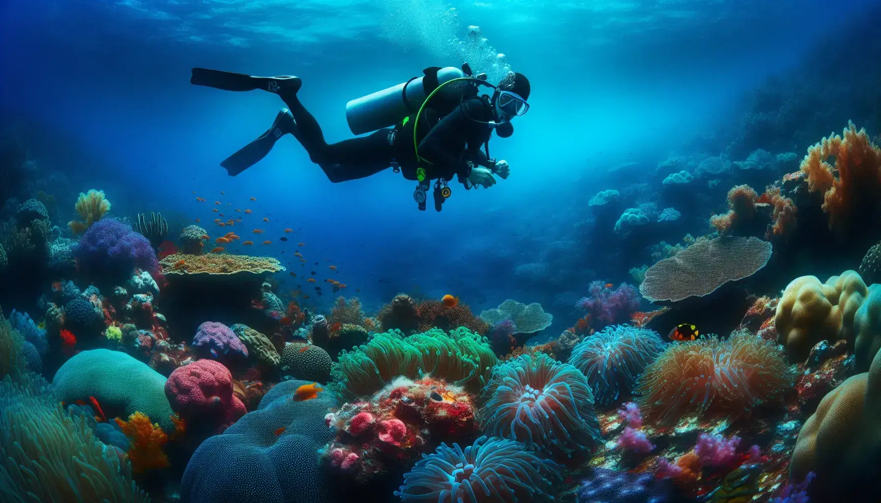 Diver in neutral buoyancy above a colorful coral reef, surrounded by fish and starfish, with rays of sunlight filtering into the water.