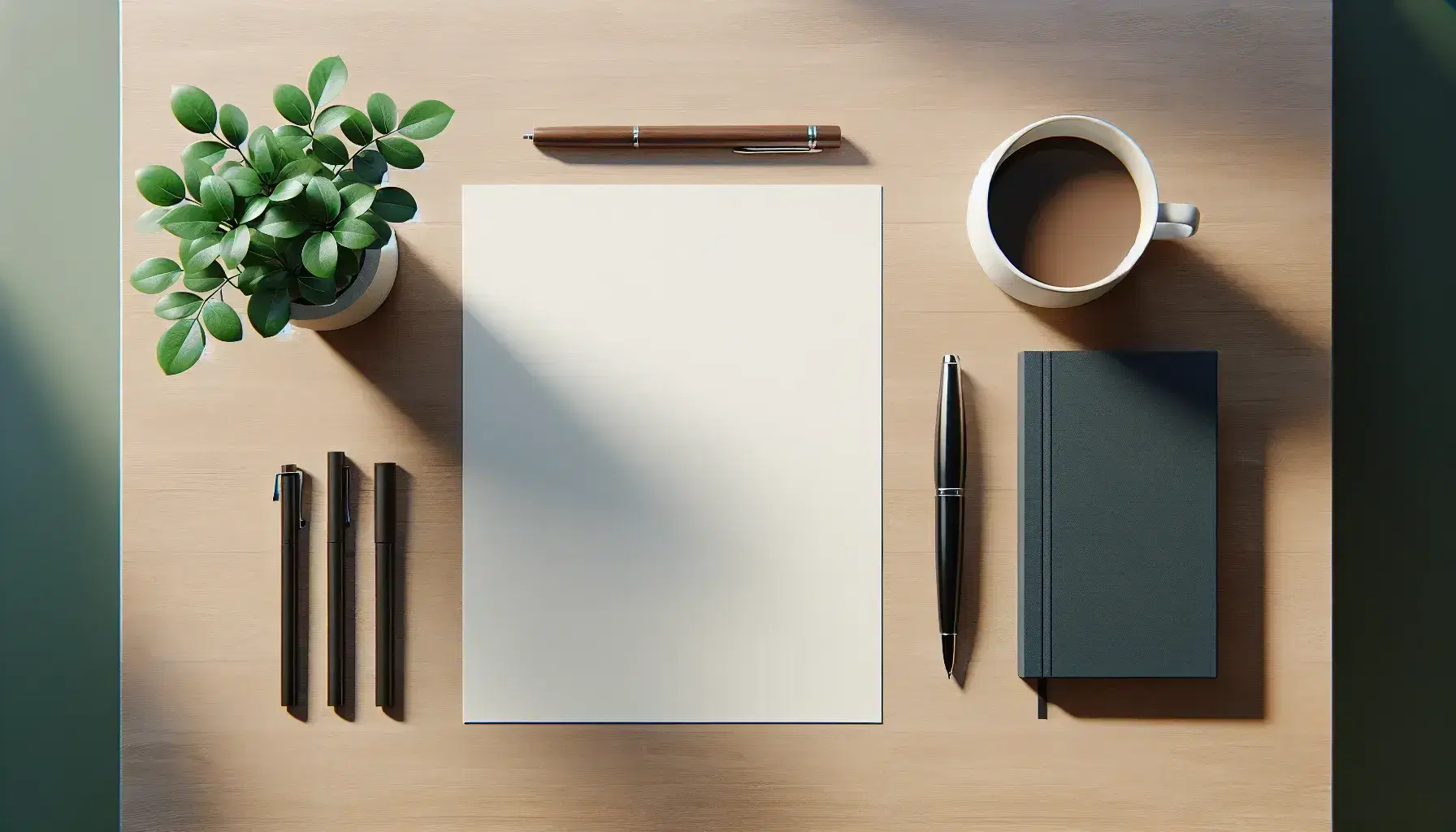 Escritorio de madera claro con papeles, libro abierto, pluma negra, planta verde en maceta y taza de café, ambiente de trabajo sereno.