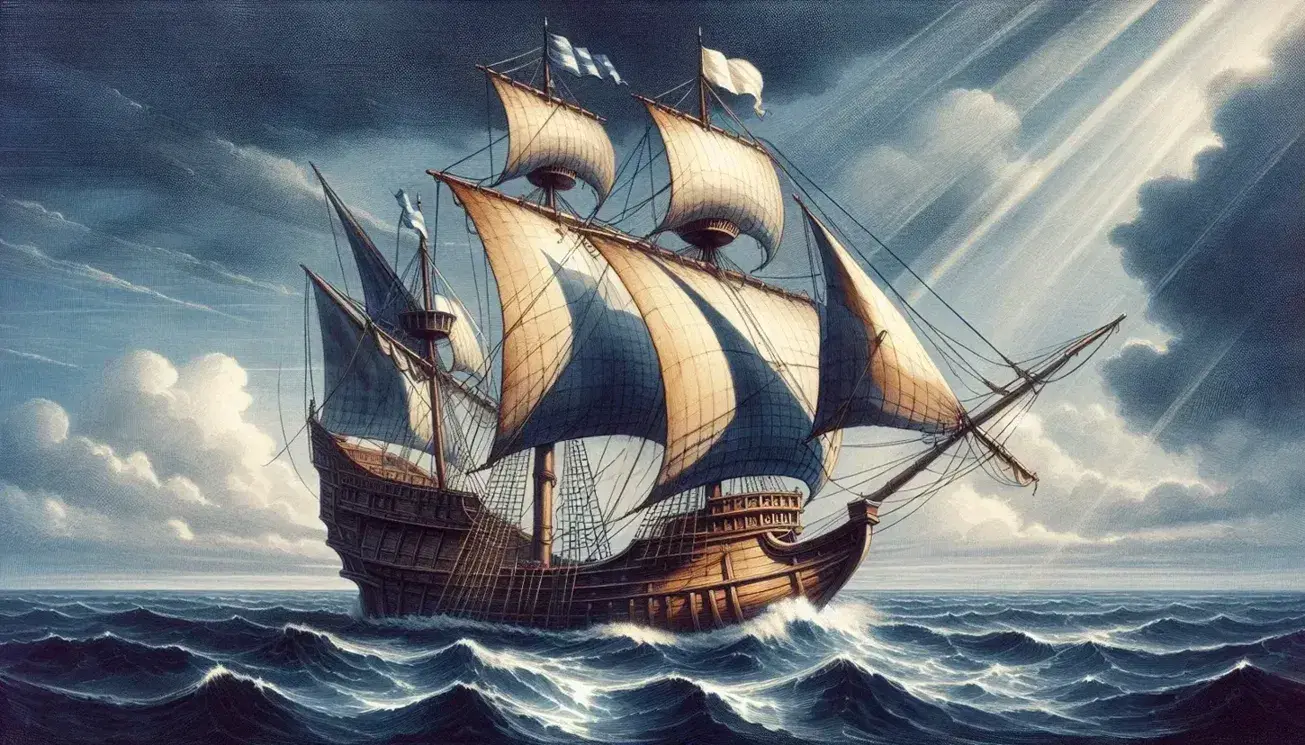 Caravella del XV secolo con vele latine in navigazione sul mare blu, cielo parzialmente nuvoloso e riflessi solari sull'acqua.