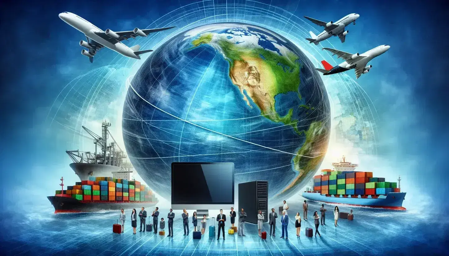 Detailed globe with international connectivity lines, surrounded by diverse people, a computer, a cargo ship, and an airplane against an azure gradient background.