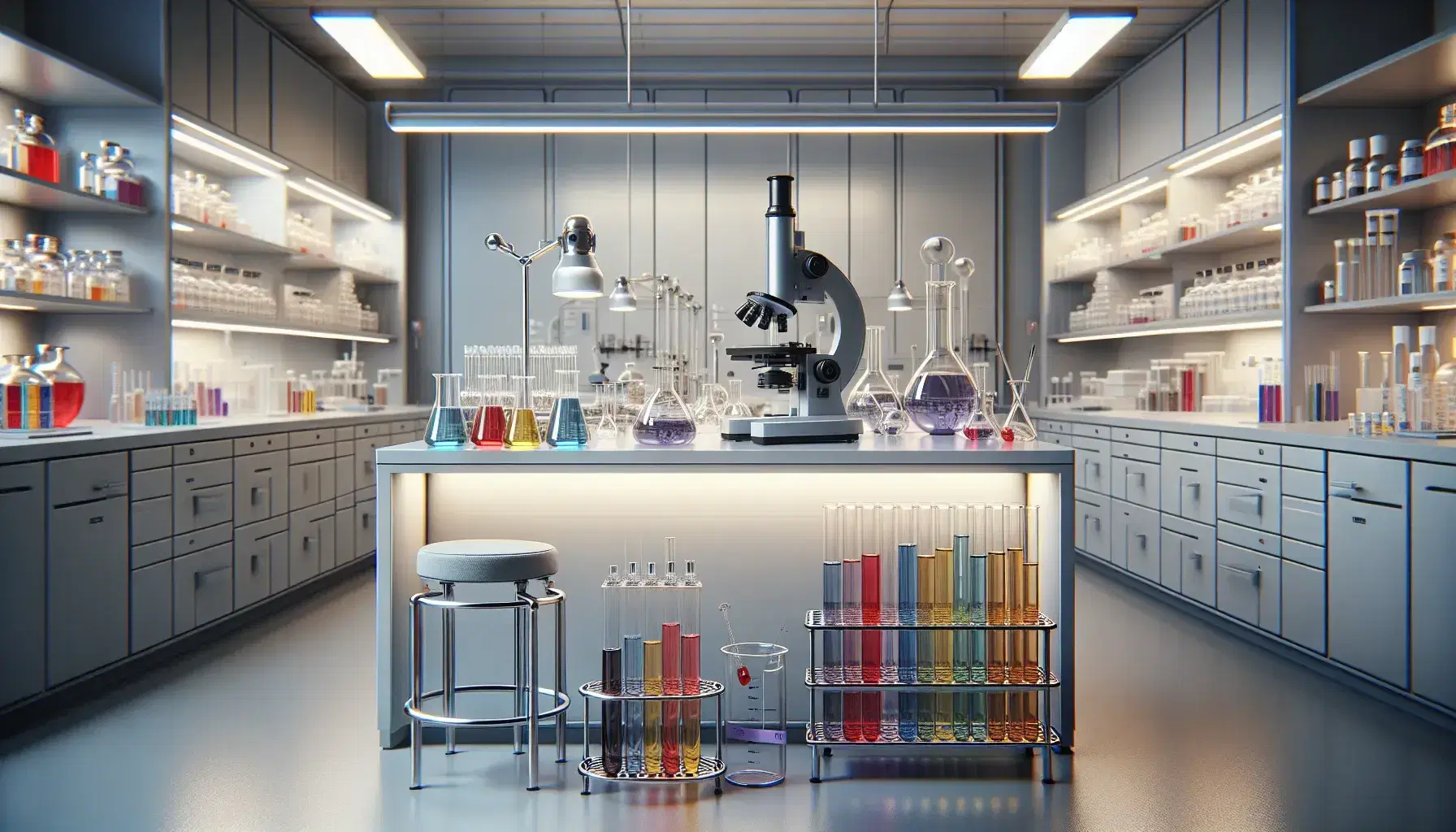 Laboratorio scientifico moderno con provette colorate su supporto metallico, microscopio nero e becher con liquidi, illuminazione a fluorescenza.