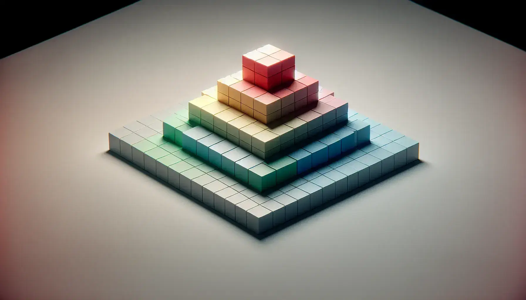 Colorful stepped pyramid model with three layers of squares in red, blue, green, and yellow, set against a matte gray background with soft shadows.