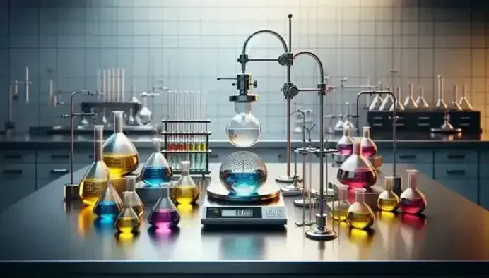 Laboratorio chimico moderno con banco in acciaio, becher colorati, bruciatore Bunsen, bilancia analitica digitale e tubi da prova.