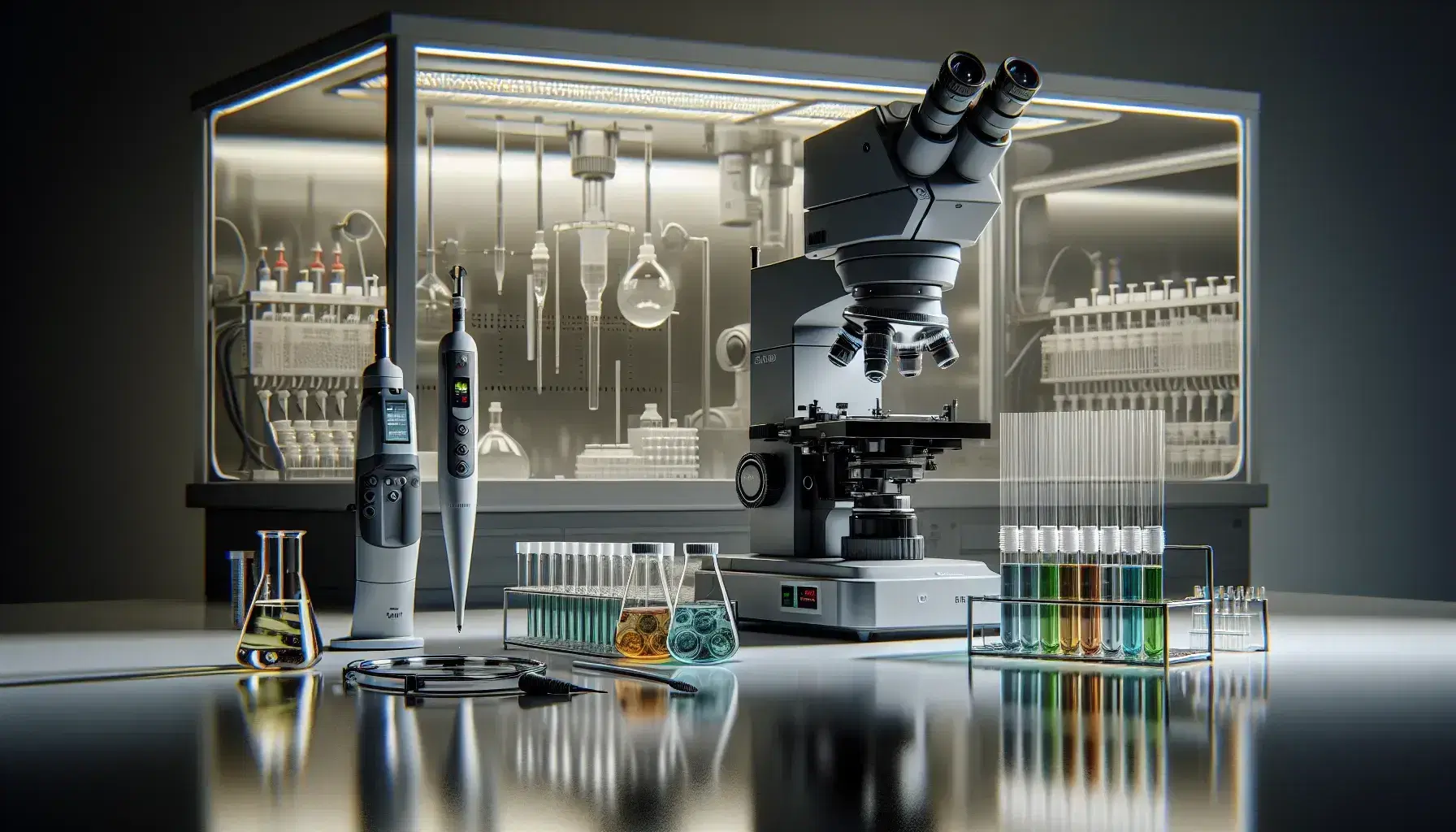 Laboratorio scientifico con microscopio elettronico grigio, provette con liquidi colorati e pipetta automatica su tavolo bianco, sfondo con cappa a flusso laminare.