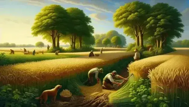 Lush green wheat field under blue sky, farmers at work with scythe and sowing, dog observes, lush trees in the background.