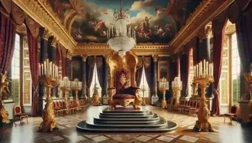 Opulent Versailles Palace room with a golden throne on a dais, flanked by candelabras, beneath a frescoed ceiling and crystal chandelier.