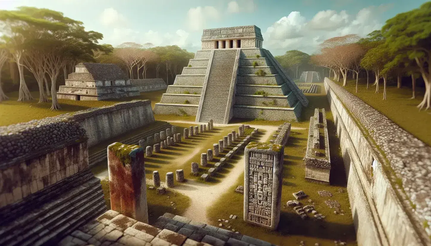 Vista panorámica de ruinas mayas con pirámide escalonada, campo de juego de pelota y estela de piedra entre vegetación exuberante bajo cielo azul claro.
