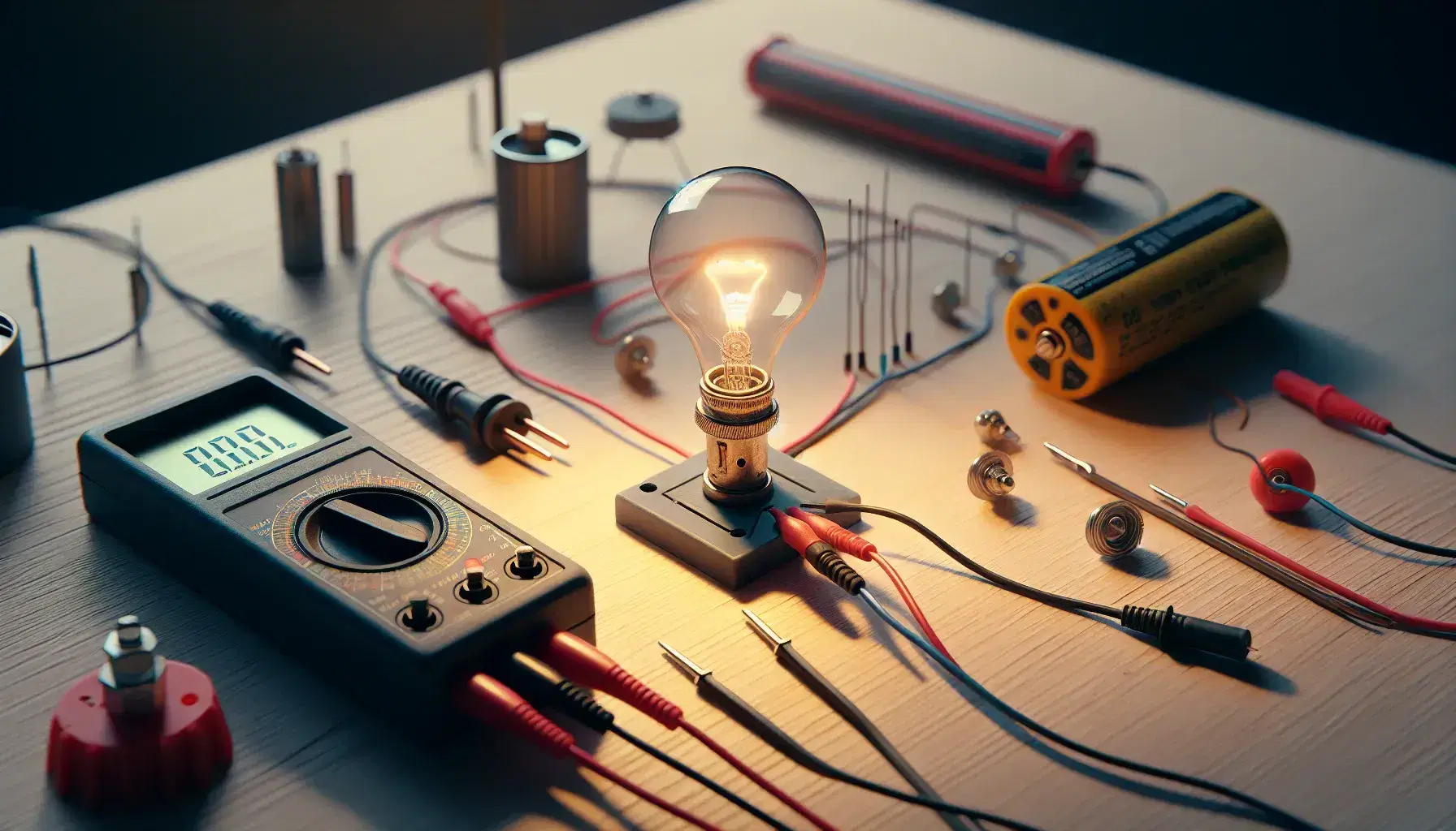 Circuito elettrico semplice con lampadina accesa collegata a batteria su tavolo in legno, multimeter analogico e motore elettrico non attivo.