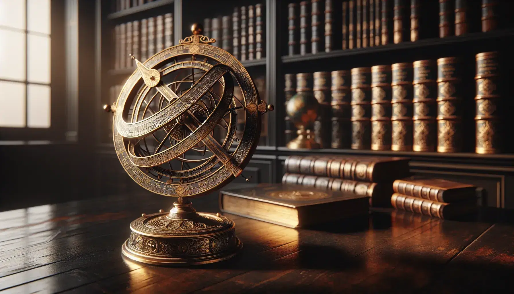 Astrolabio antico in ottone con incisioni e sfera armillare su tavolo scuro, sfondo di libreria con volumi in pelle.