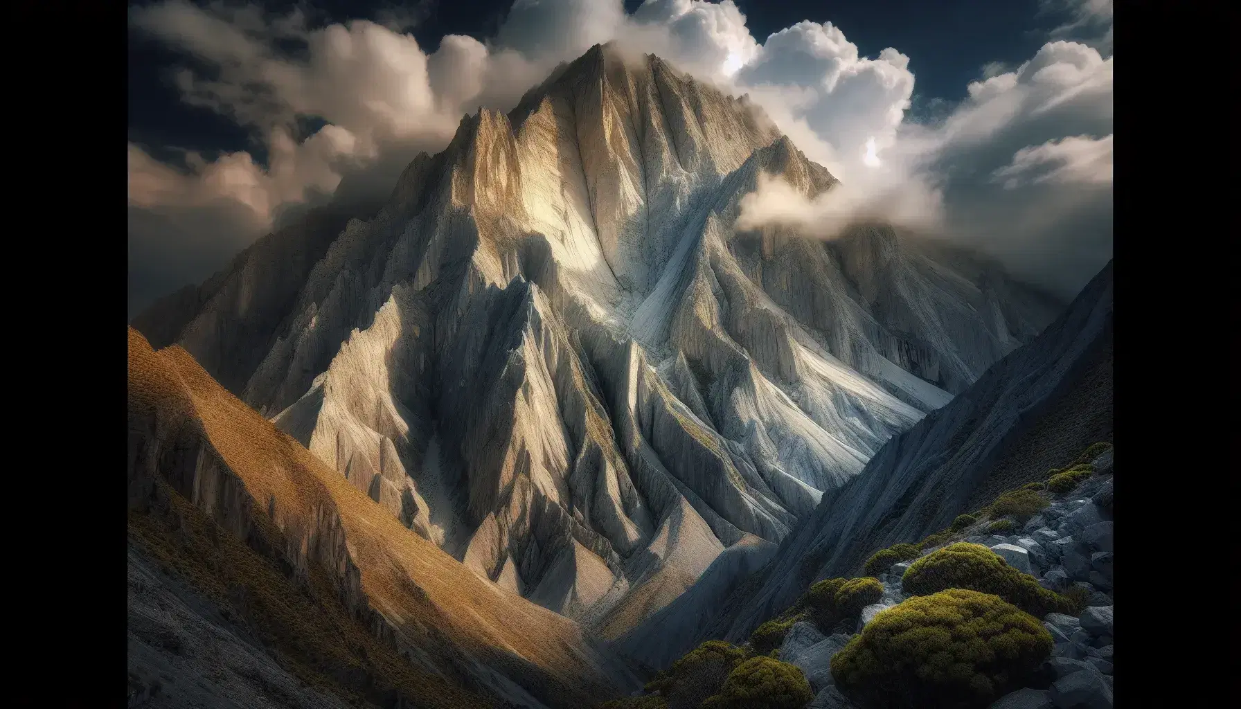 Montagna imponente con cime tra le nuvole, pendii rocciosi e vegetazione sparsa sotto un cielo blu profondo.