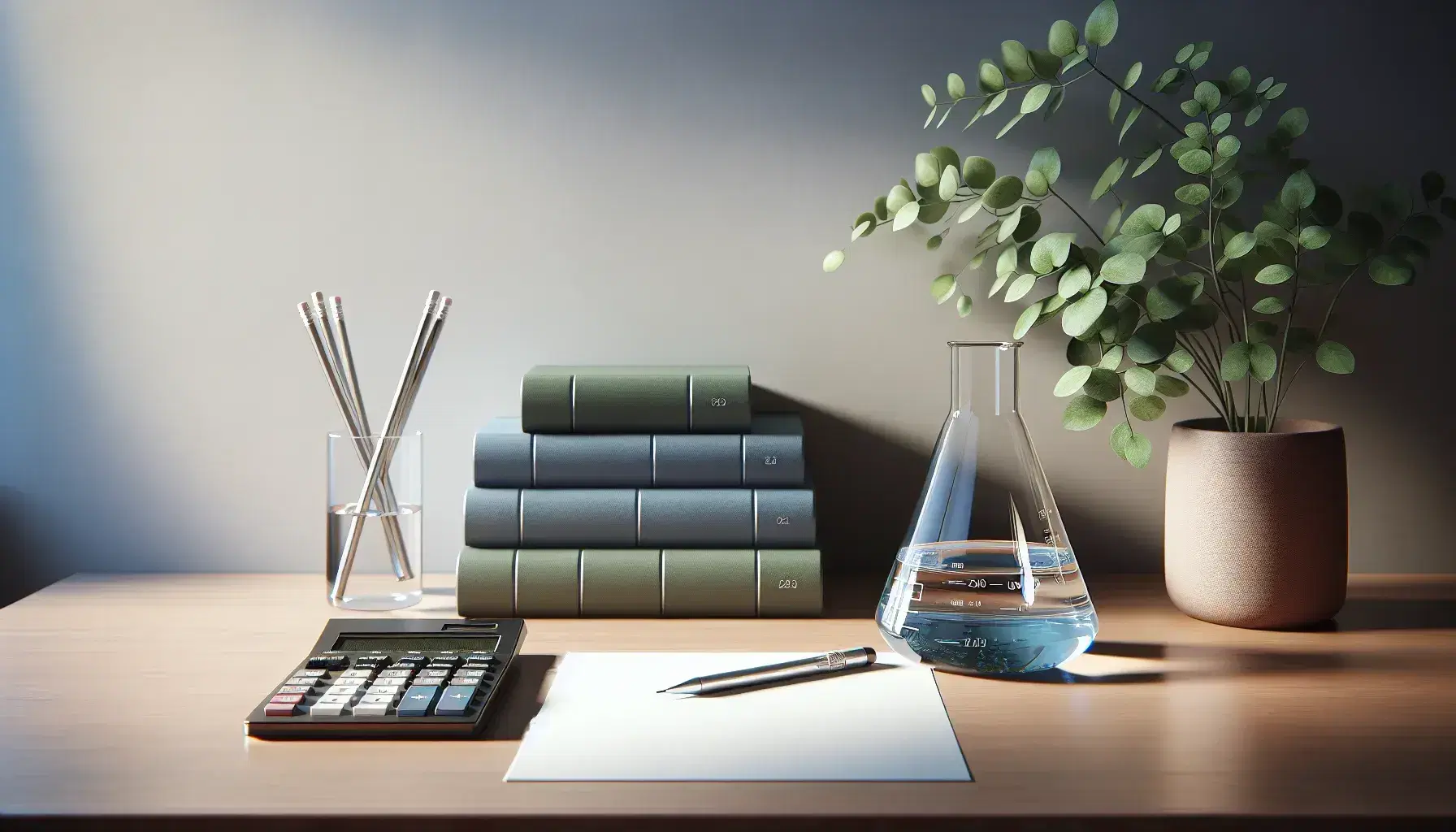 Tidy desk with modern calculator, beaker with blue liquid, stacked books and mechanical pencil on white sheet, green plant on background.