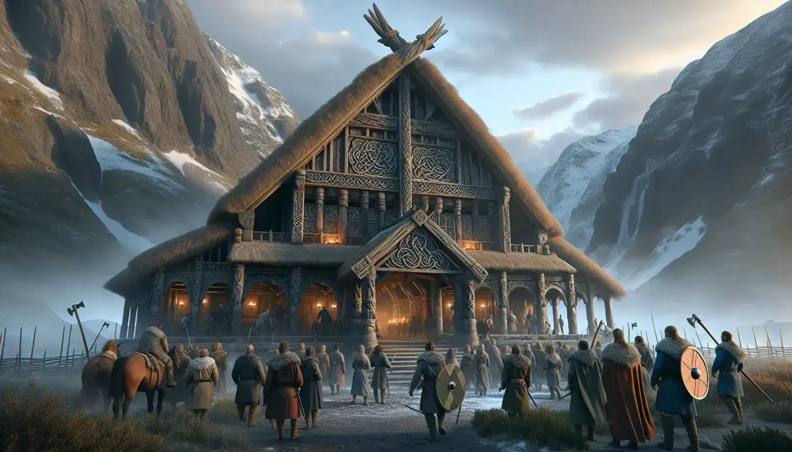 Grand Norse hall with thatched roof and carved wooden facade, surrounded by mountains under a dramatic sky, as traditionally dressed Vikings approach.