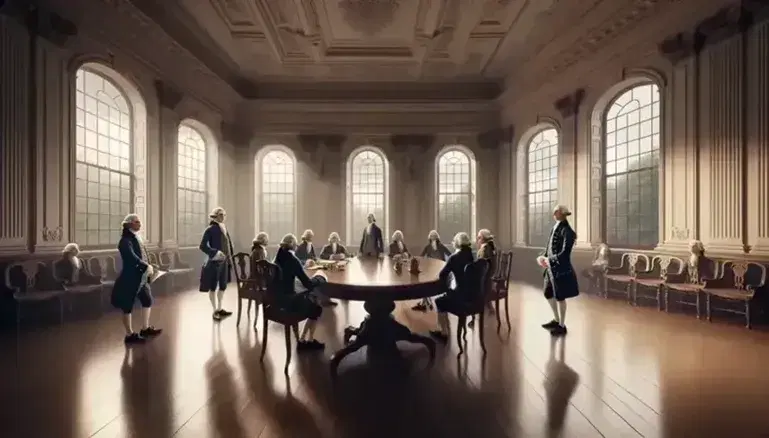 Late eighteenth-century scene in a sumptuous room with seven men in period clothes discussing around a large oval table illuminated by natural light.