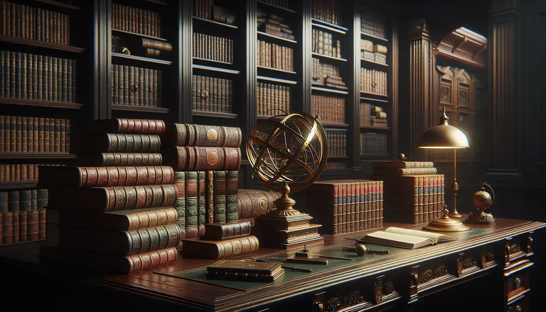 Scena di biblioteca antica con scrivania in legno scuro, libri impilati, sfera armillare in ottone e statuetta bronzea su piedistallo di marmo.