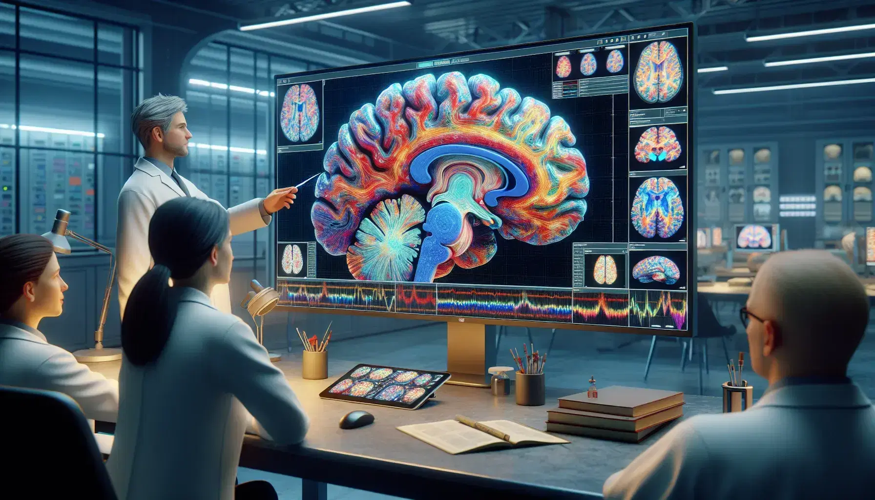 Two researchers in white coats analyze a colorful 3D brain scan on a monitor in a laboratory, with tablets and scientific journals on the table.