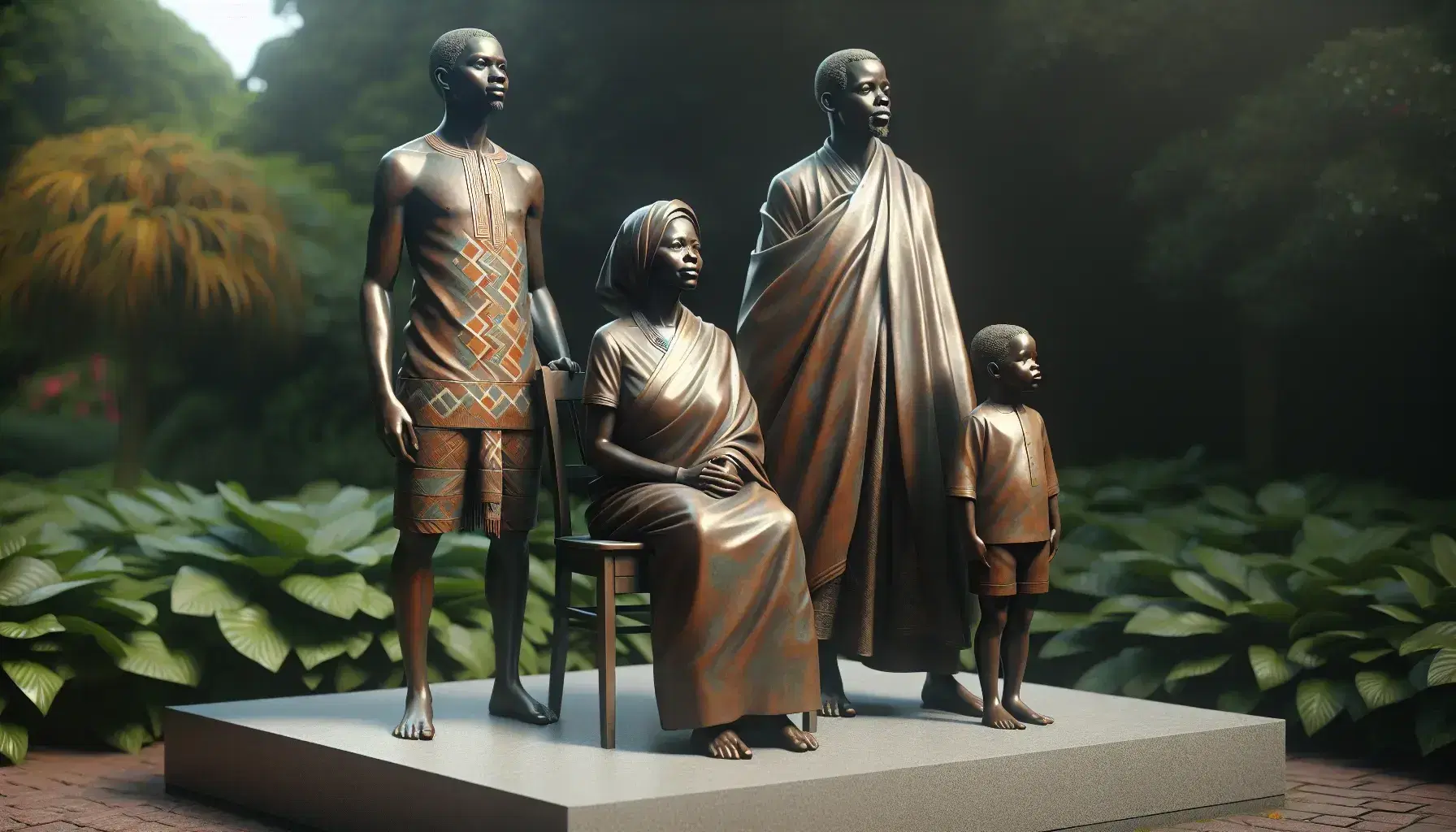 Grupo de estatuas de bronce con hombre africano de pie, mujer asiática sentada y niño en actitud de caminar, sobre pedestal de piedra en entorno tropical.