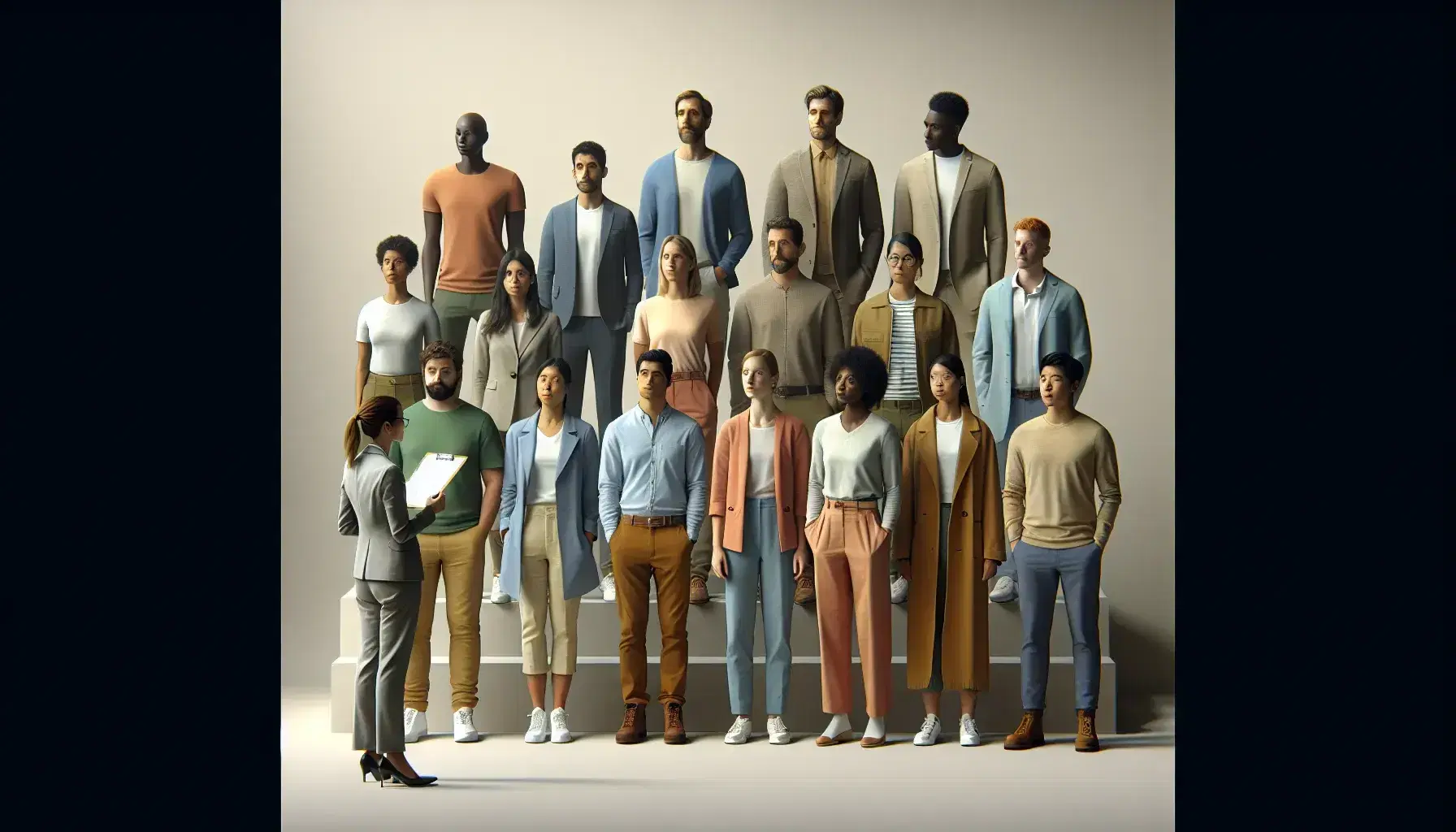 Multiethnic group of ten people in semicircle with varied clothing and researcher with clipboard on neutral background.
