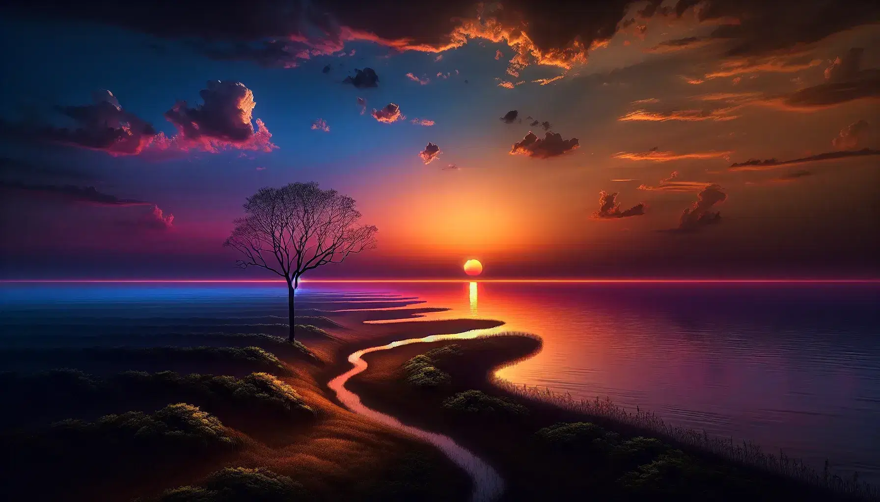 Tramonto vibrante con cielo arancione sfumato in blu, sole che sfiora l'orizzonte riflesso nell'acqua e albero spoglio in silhouette.